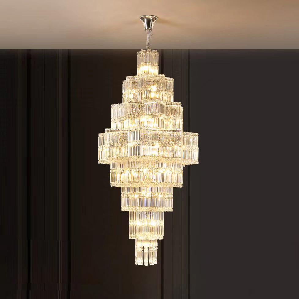 Extra Large Plaza Hall  Multi-Tier Crystal Chandelier Foyer Living Room Staircase Ceiling Lighting Fixture  In Chrome/ Silver Finish