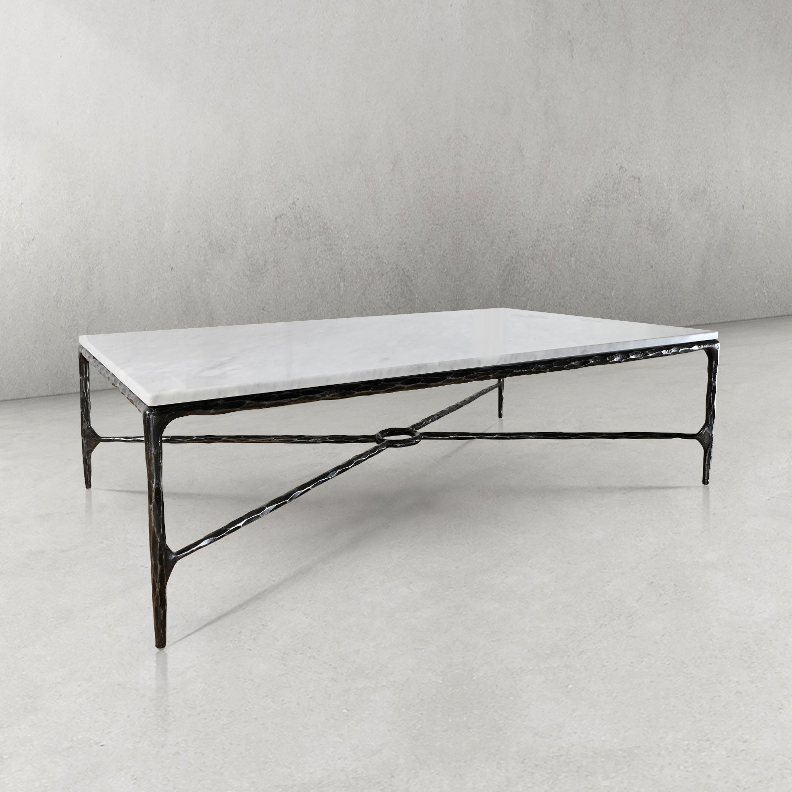 Hand-Forged Metal Rectangle Marble Coffee Table