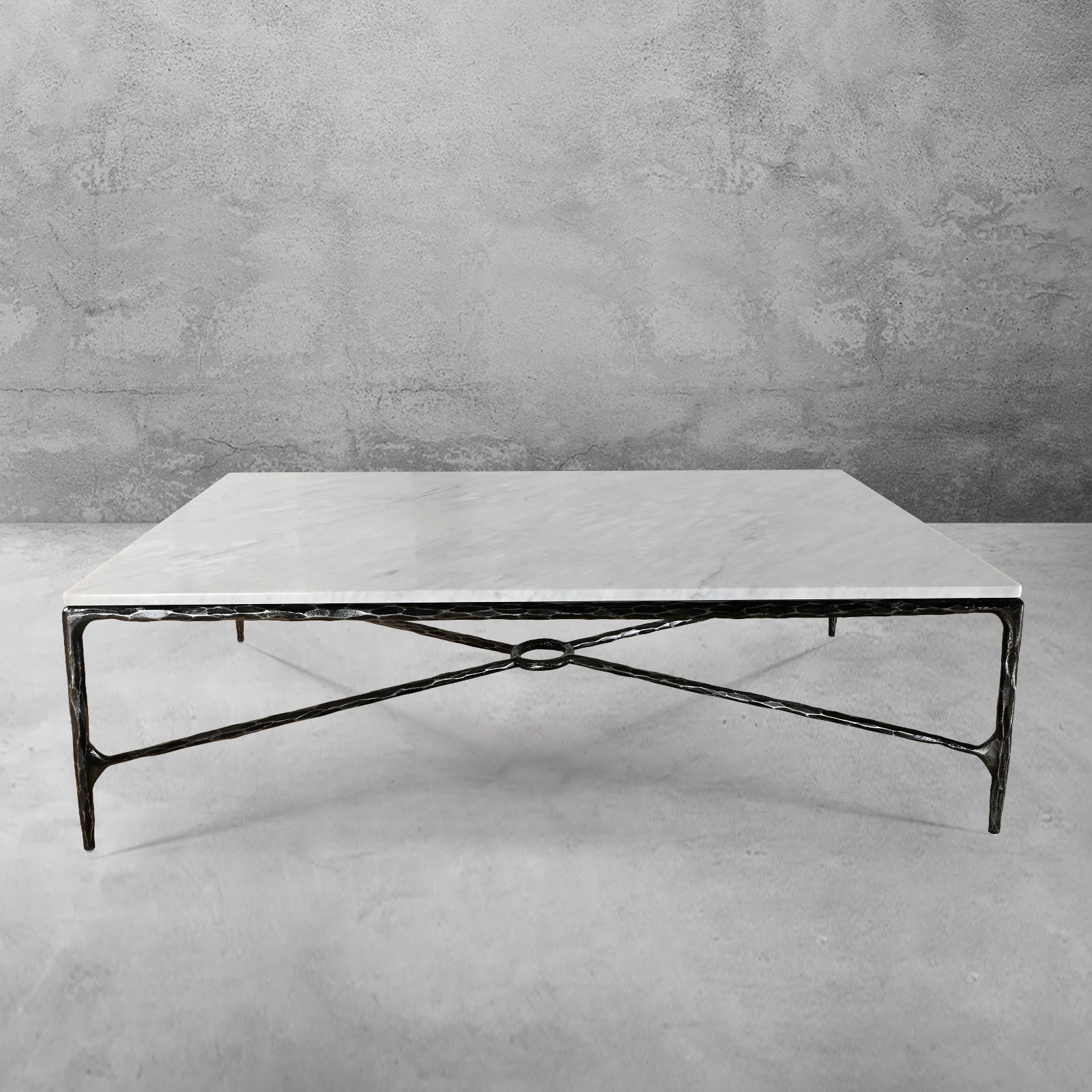Hand-Forged Metal Rectangle Marble Coffee Table