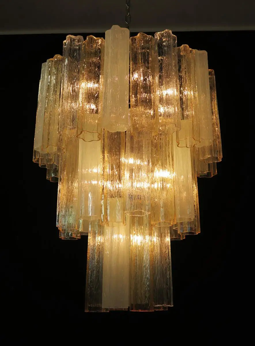 Large Three-Tier Venini Murano Glass Tube Chandelier, Amber Opal Silk and Trasp