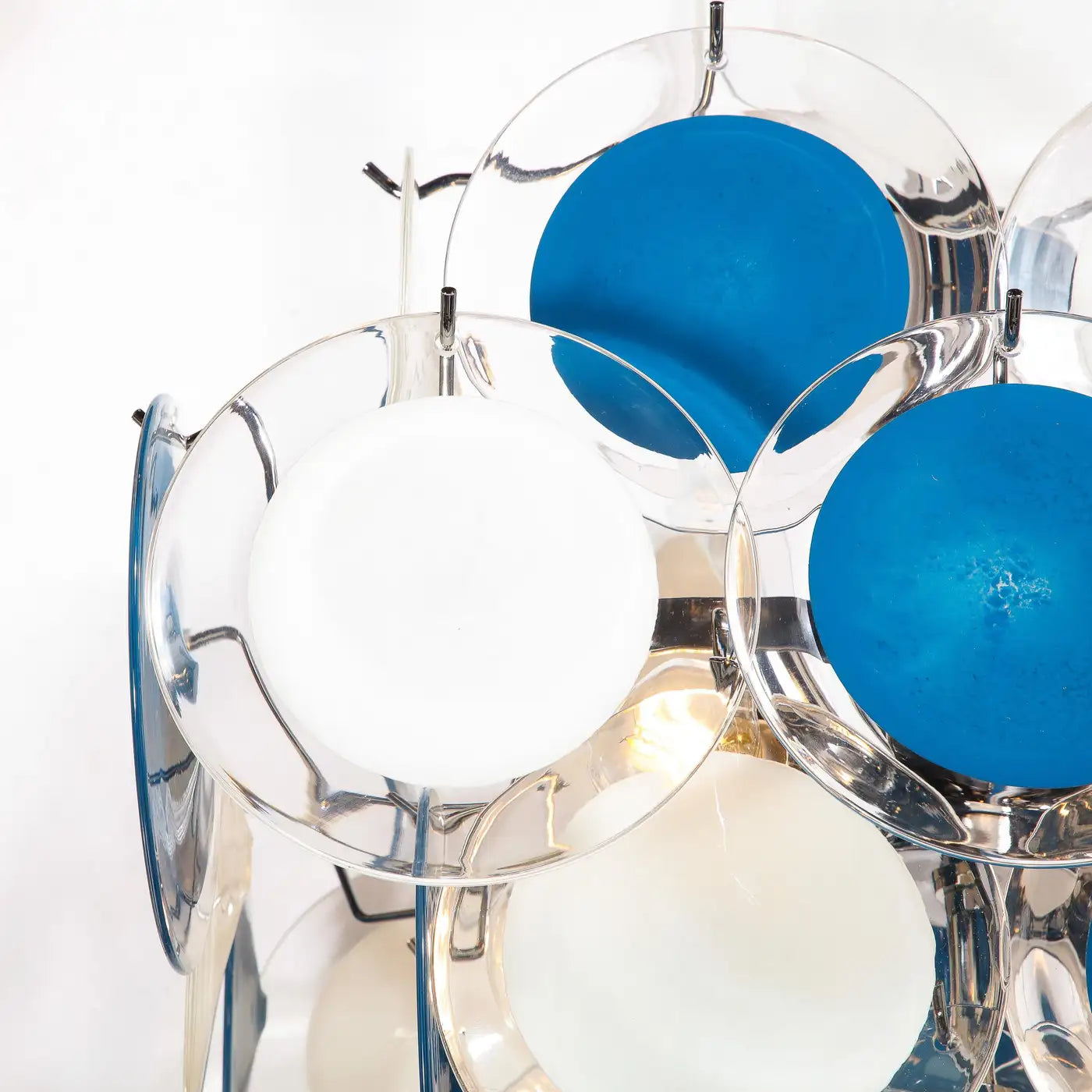 Modernist Pagoda Chandelier in Nickel & Handblown Murano White and Blue Discs
