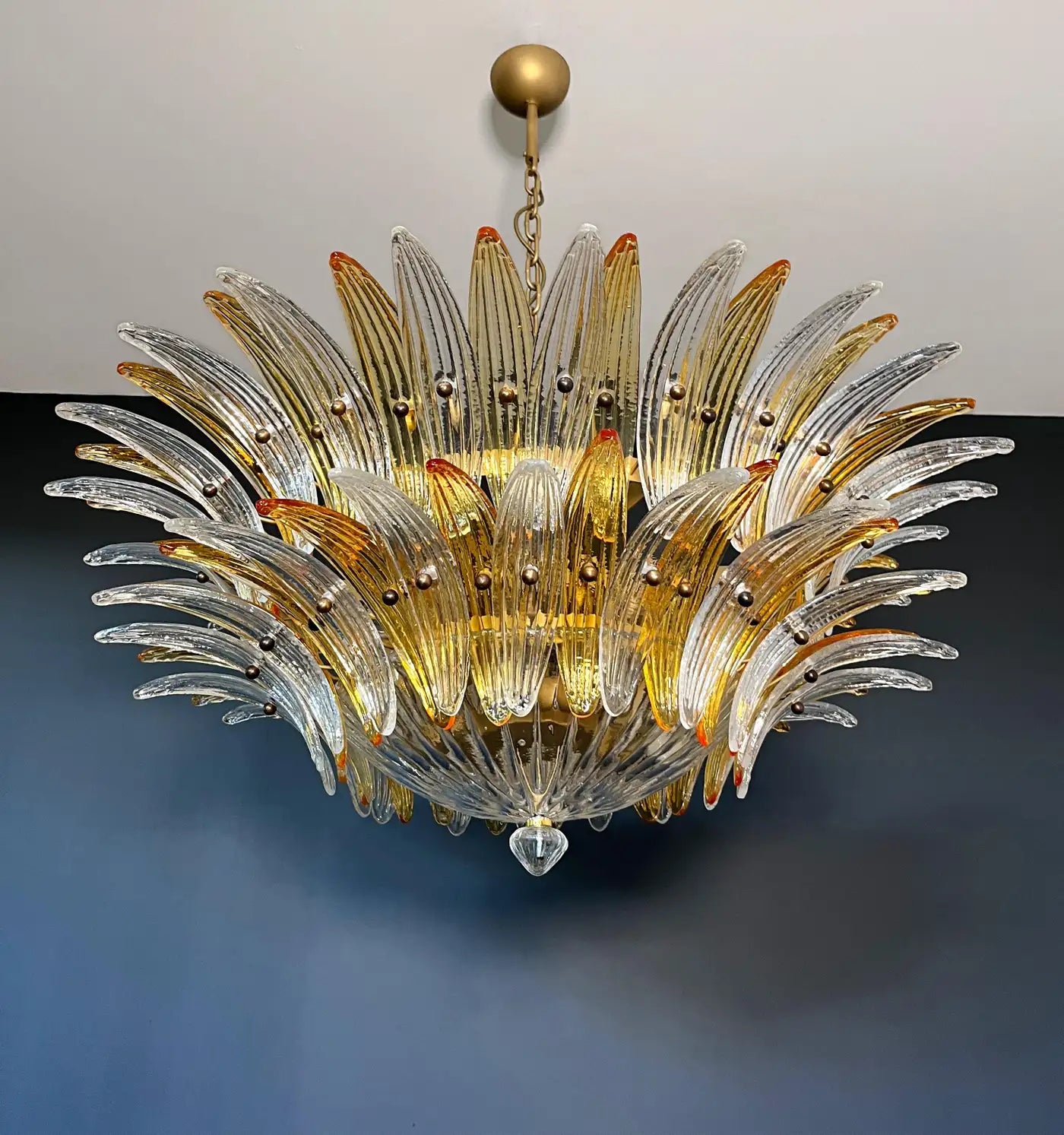 Murano Chandelier Original Palmette, two levels, 82 amber and clear glasses