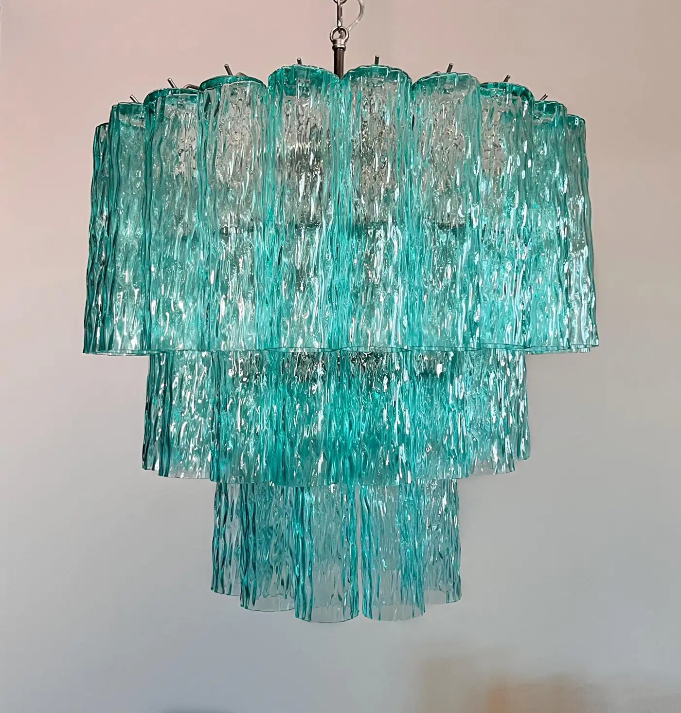 Large three-Tier Venini Murano turquoise Glass Tube Chandelier