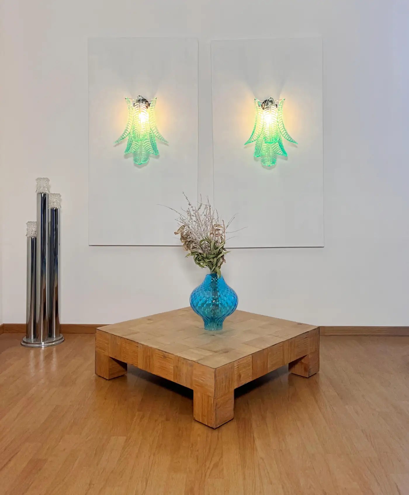 Pair of vintage Murano turquoise Felci Glass wall sconces