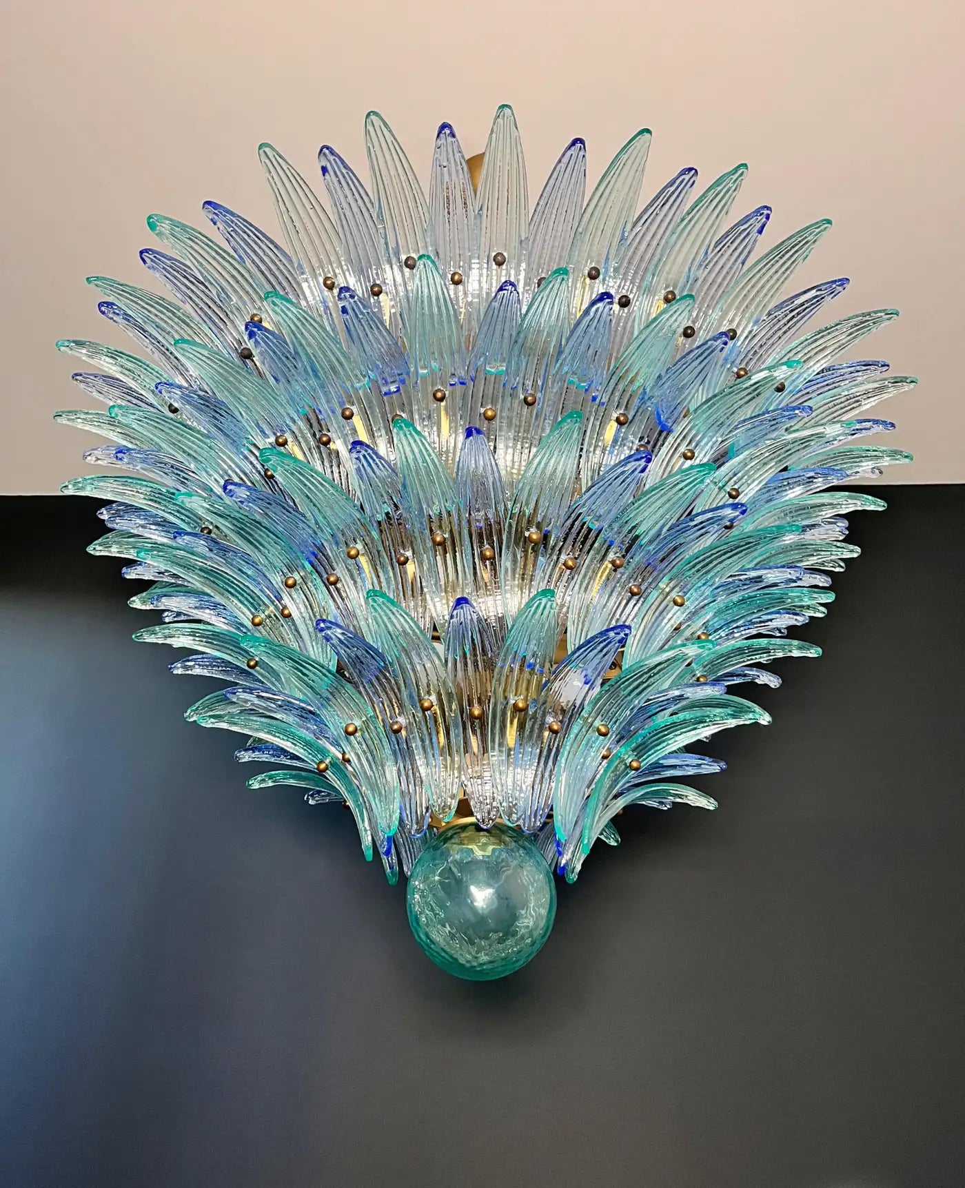 Palmette Ceiling Light - four levels, 160 blue and turquoise glasses