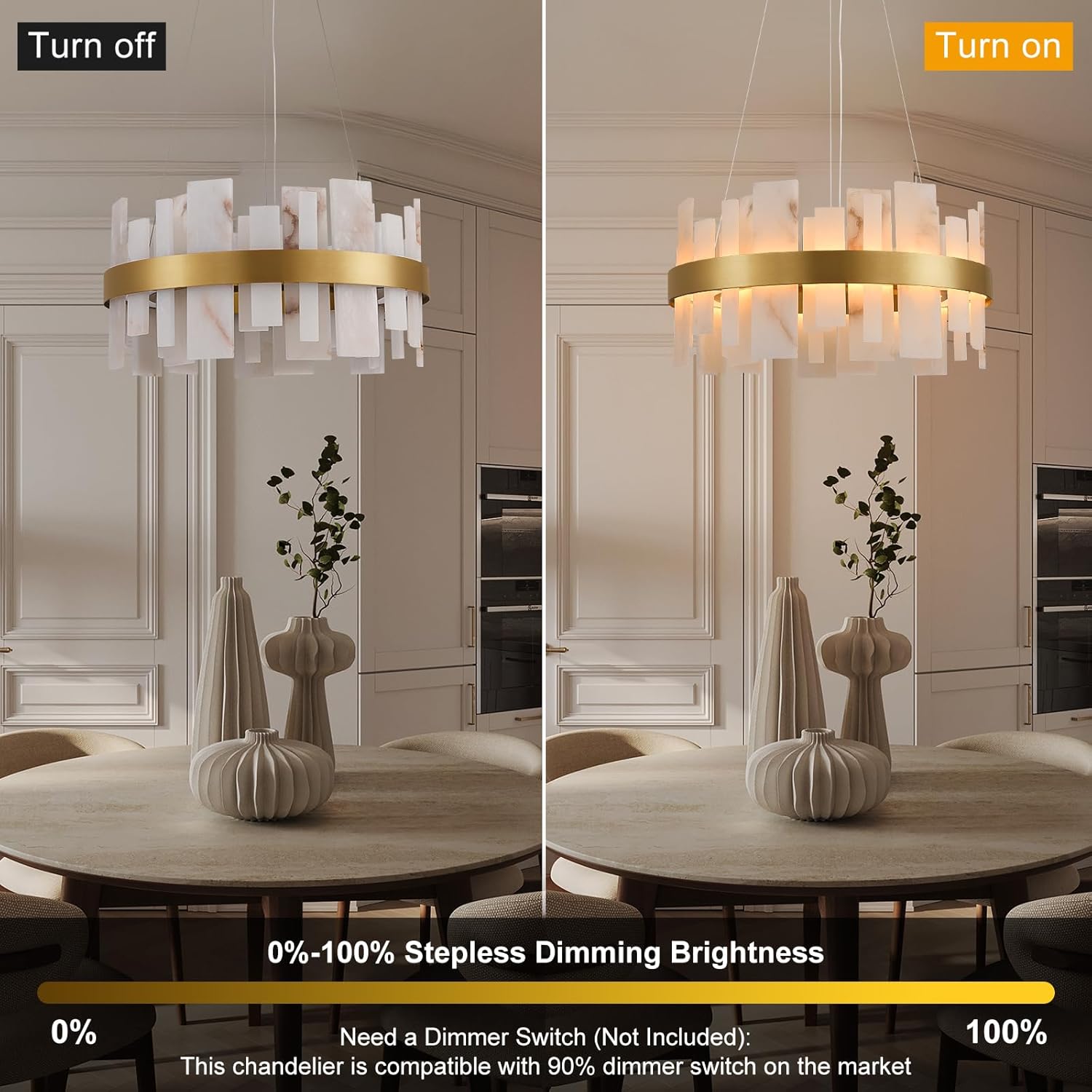 Alabaster Round Chandelier, D24 Inch Natural Spanish Marble Stone Texture Chandeliers