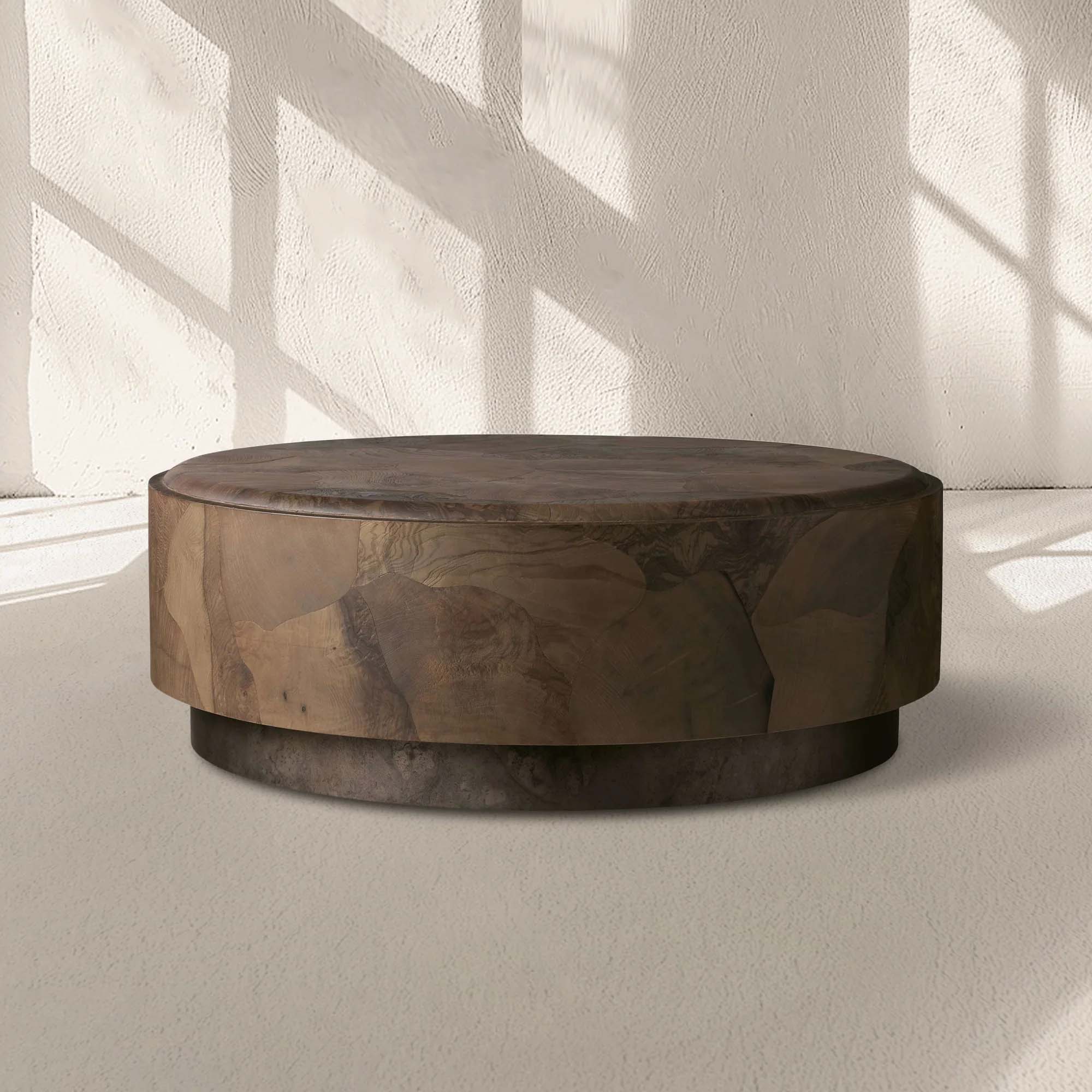 Loranco Wood Round Plinth Coffee Table Wabi-Sabi Living Room Center Ash Tea Table
