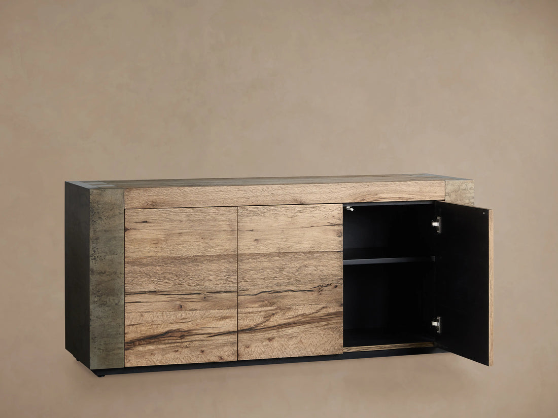 Tellurian Media Console Oak with Oxidized Steel Rustic Living Furniture