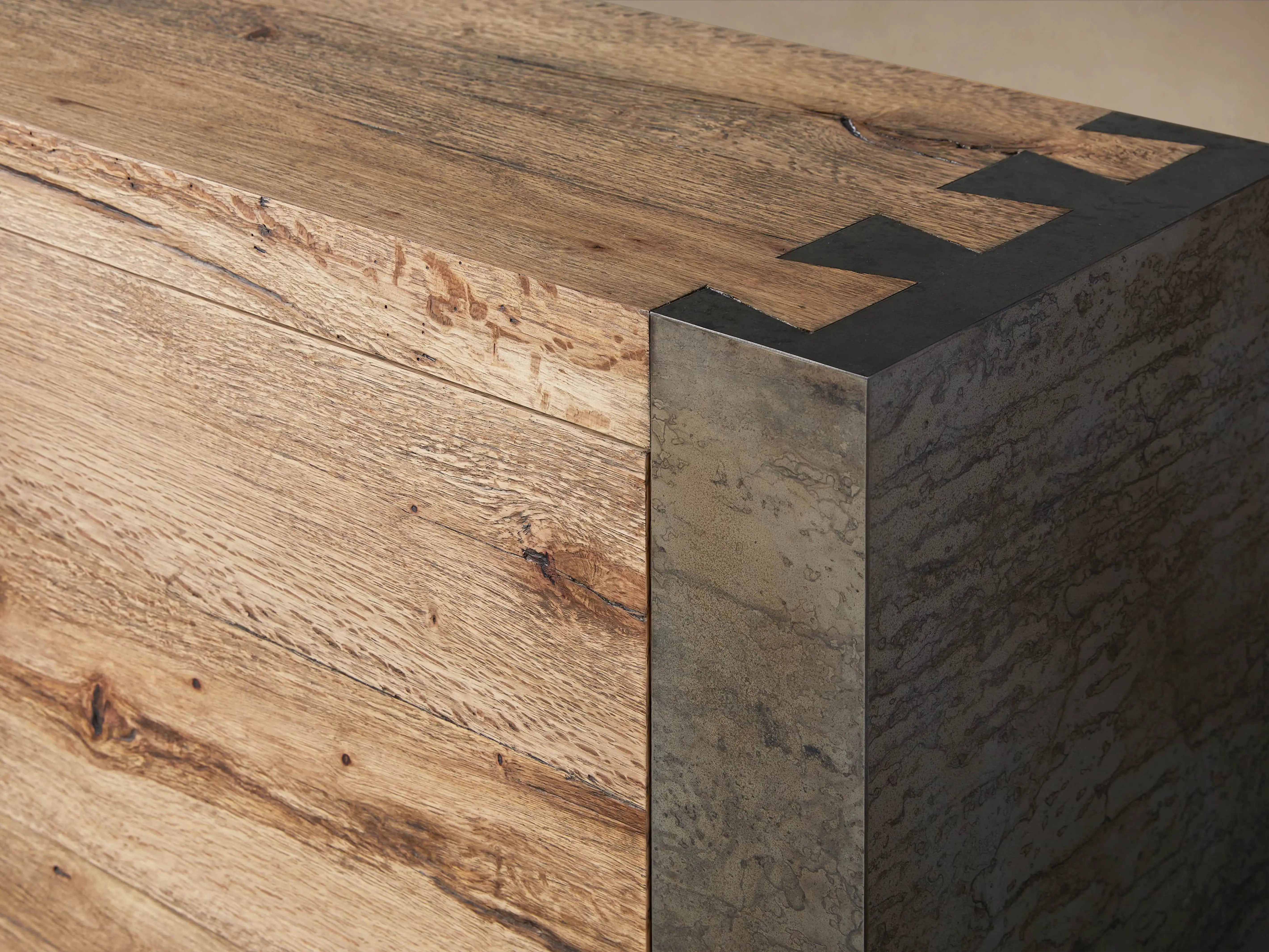 Tellurian Media Console Oak with Oxidized Steel Rustic Living Furniture