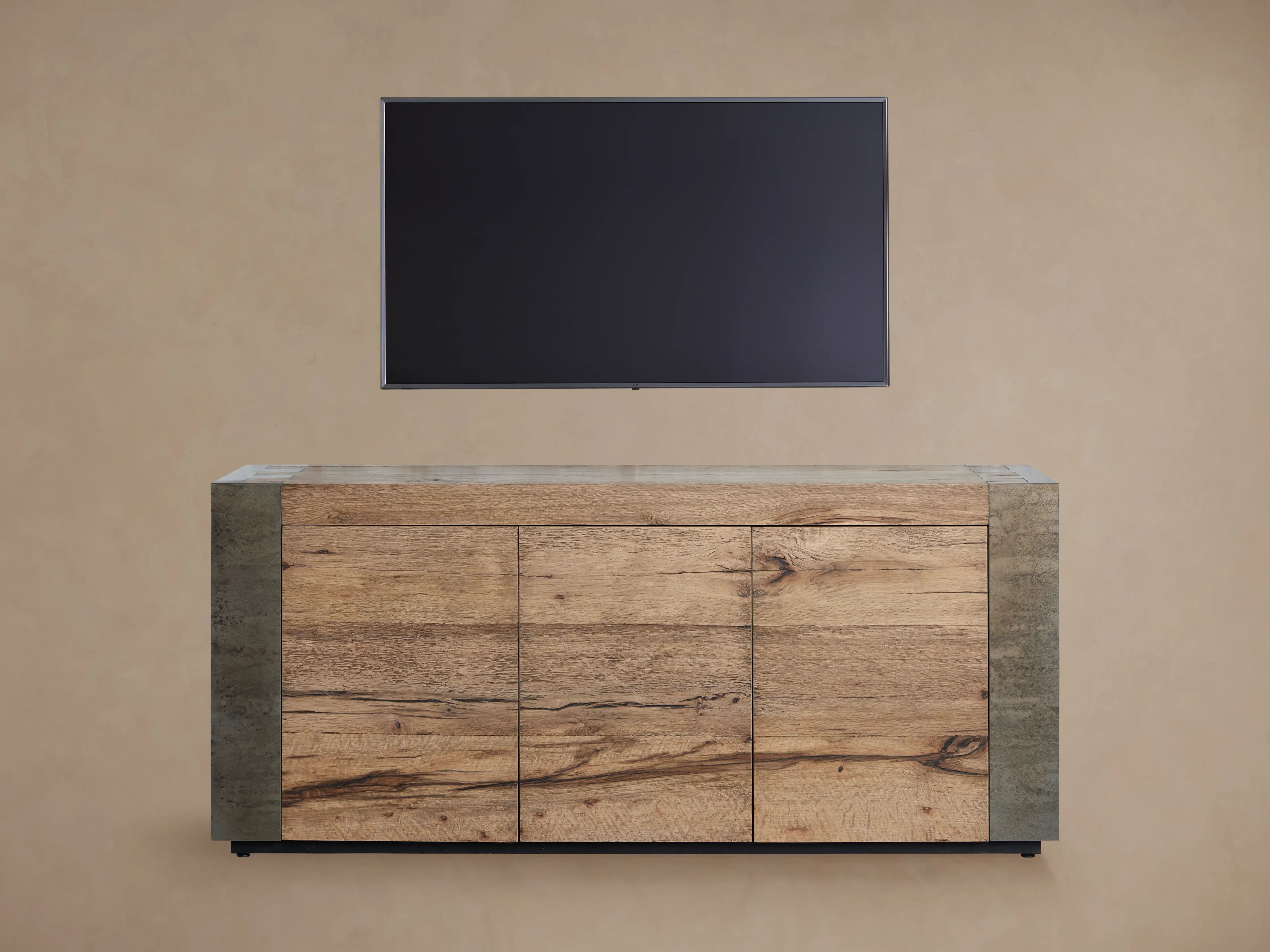 Tellurian Media Console Oak with Oxidized Steel Rustic Living Furniture