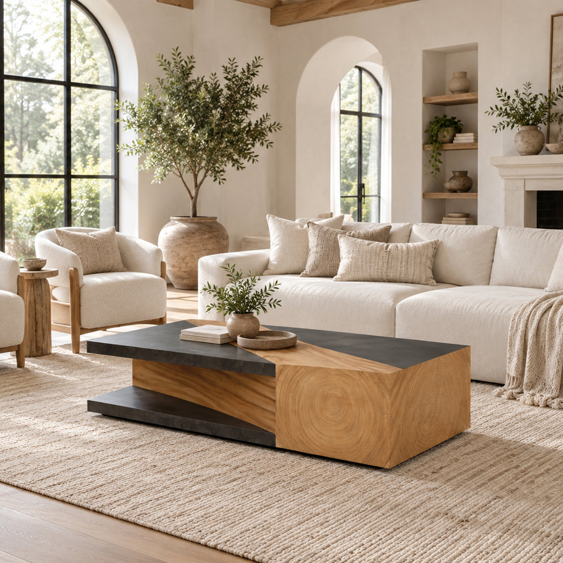Almeria Guanacaste Wood Coffee Table Modern Rustic Cocktail Table Rectangular Sofa Center Tea Table
