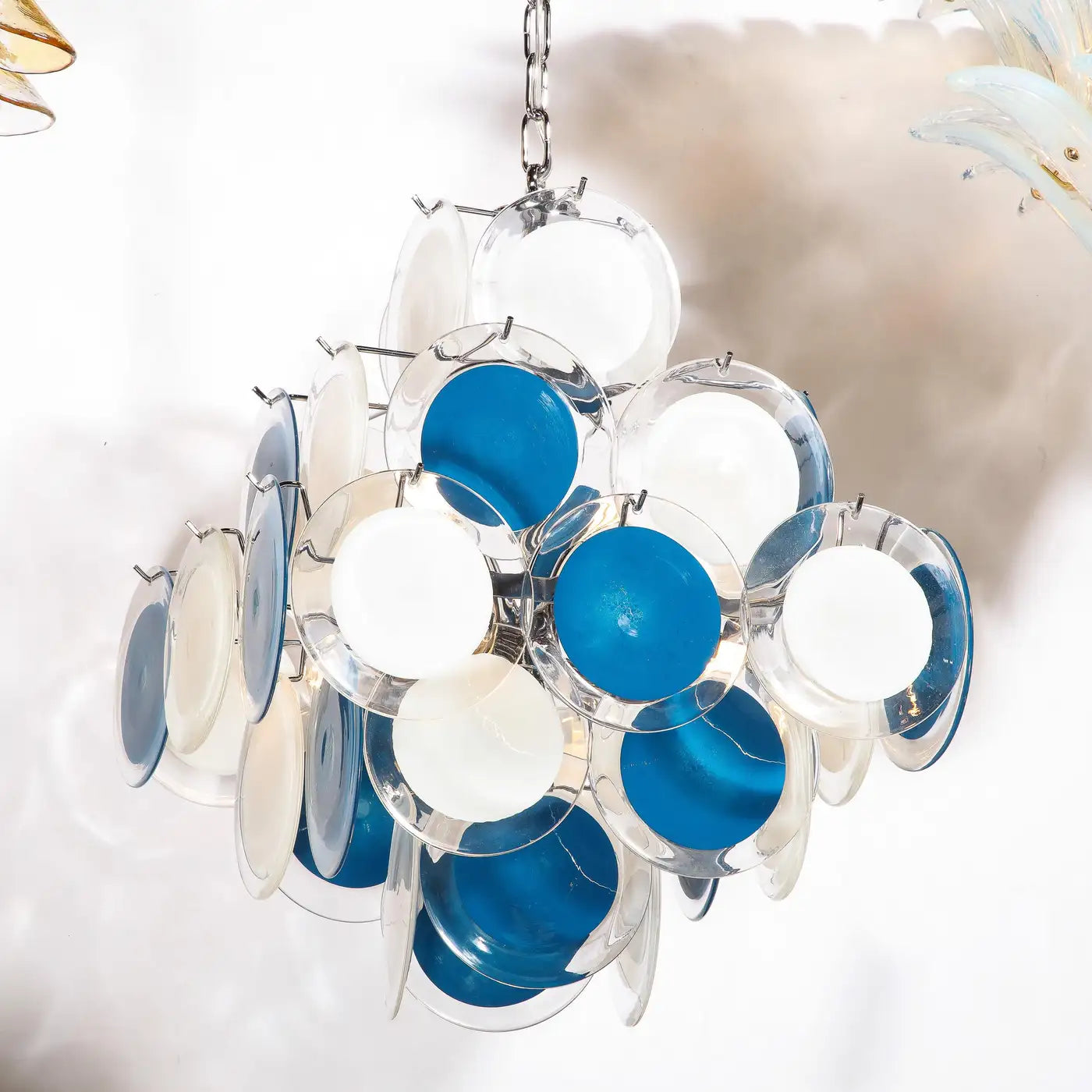 Modernist Pagoda Chandelier in Nickel & Handblown Murano White and Blue Discs