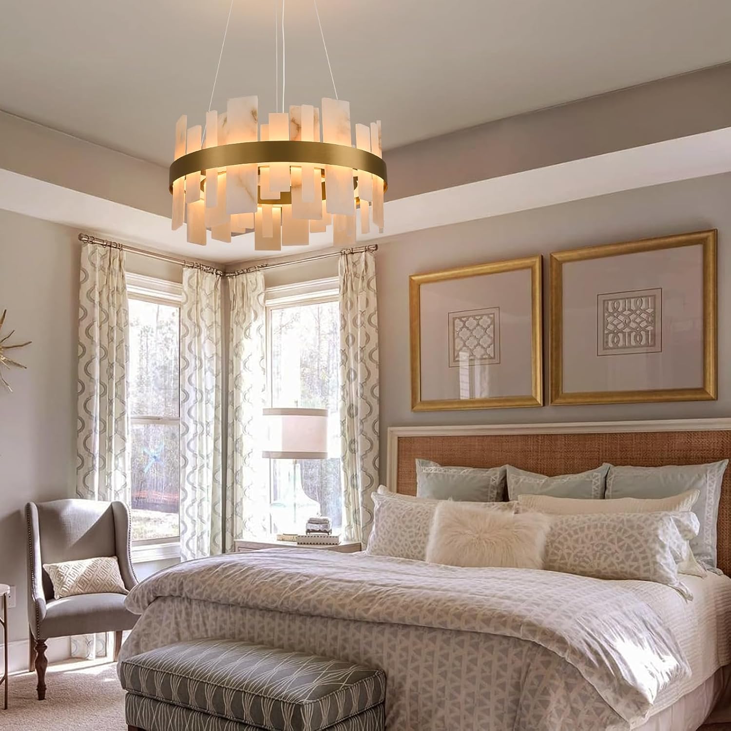 Alabaster Round Chandelier, D24 Inch Natural Spanish Marble Stone Texture Chandeliers