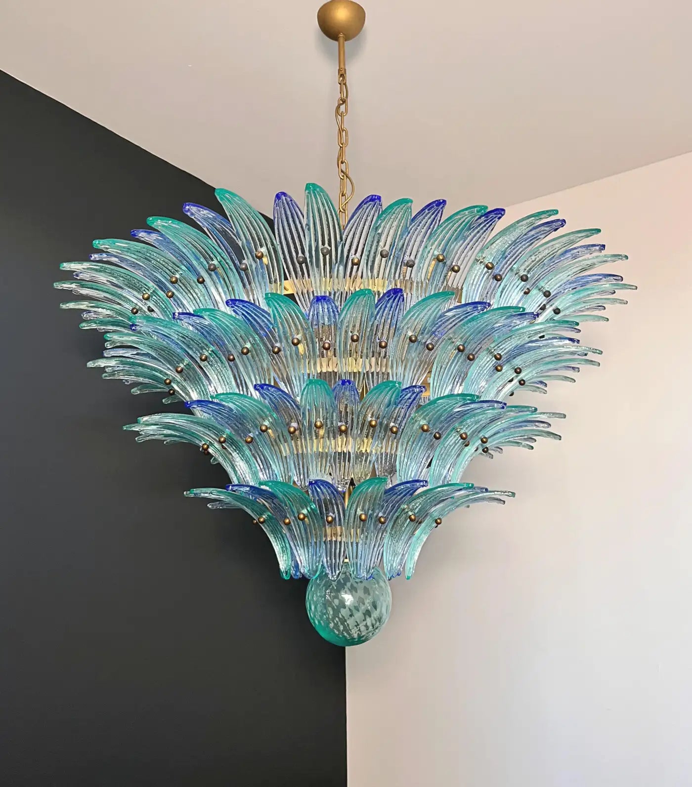 Palmette Ceiling Light - four levels, 160 blue and turquoise glasses
