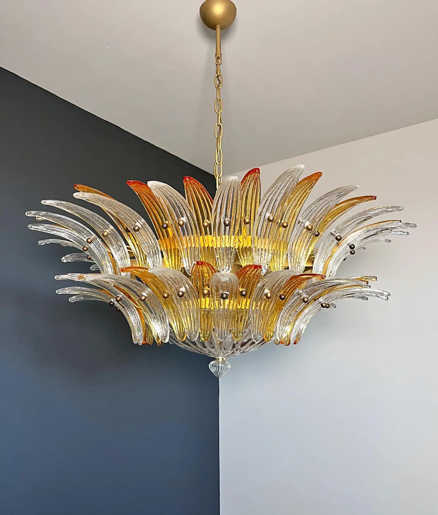 Murano Chandelier Original Palmette, two levels, 82 amber and clear glasses