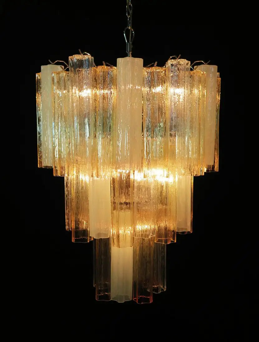 Large Three-Tier Venini Murano Glass Tube Chandelier, Amber Opal Silk and Trasp