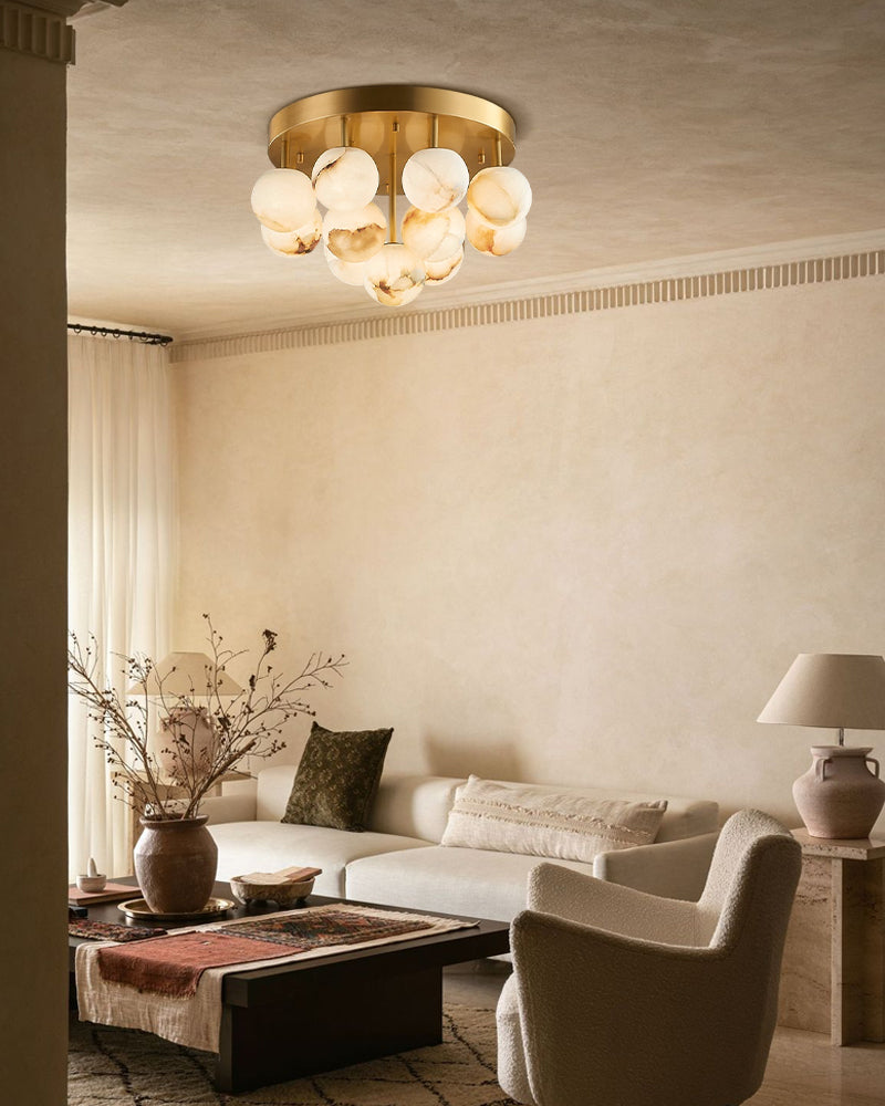 7/13/19-Light Soft Brass and Faux Alabaster Semi Flush Mount with Etched Opal Marble Shades