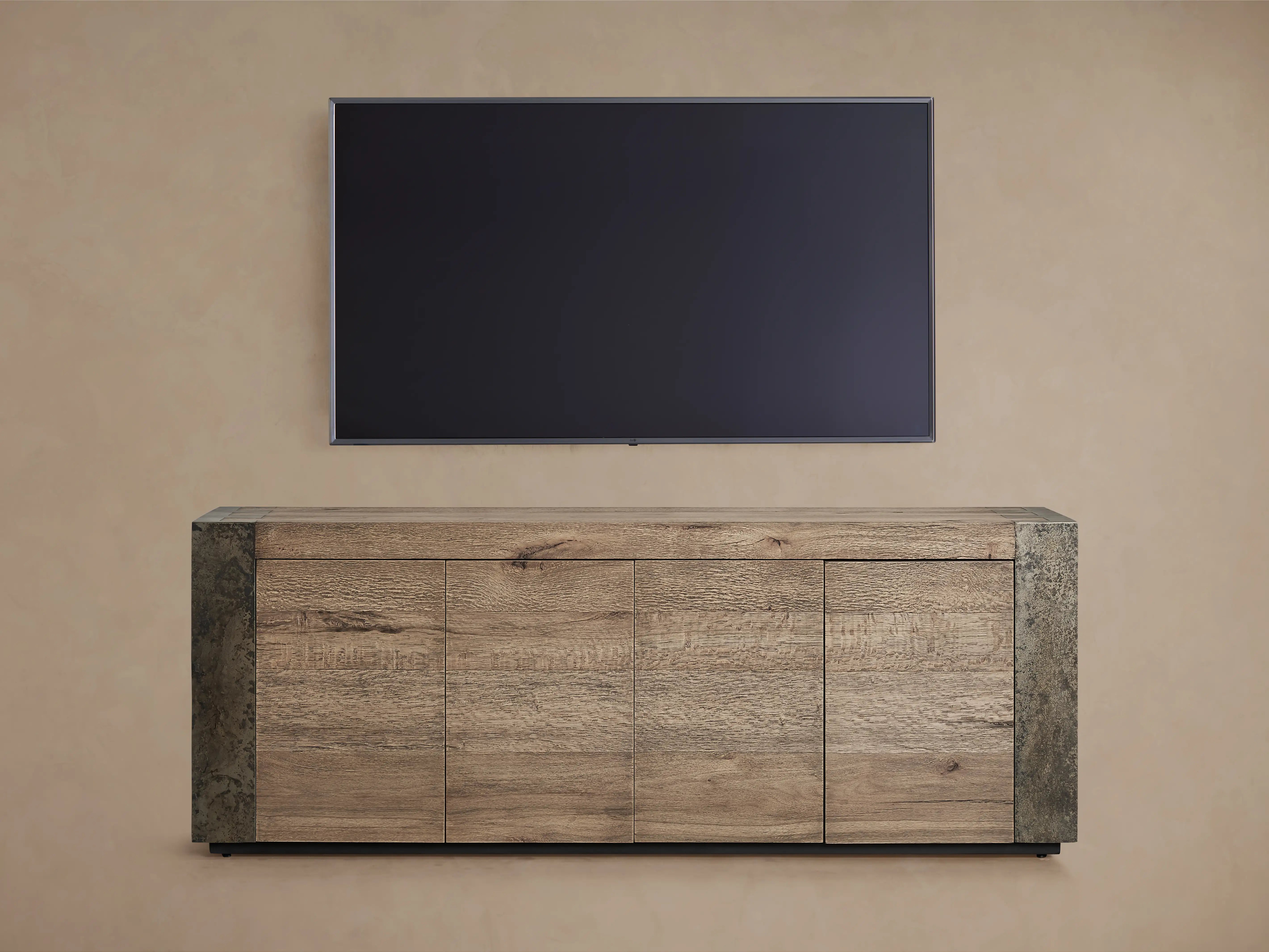 Tellurian Media Console Oak with Oxidized Steel Rustic Living Furniture