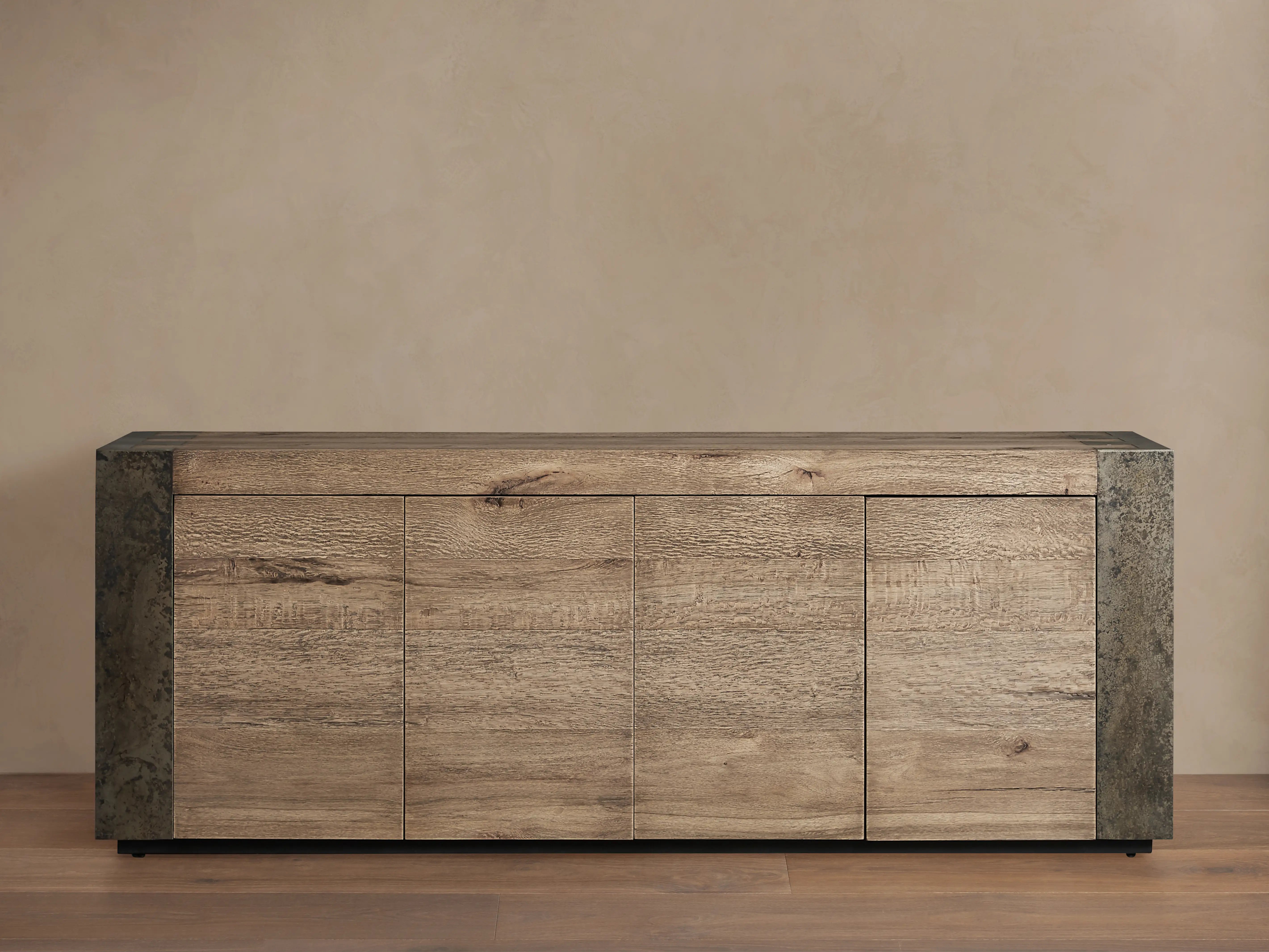 Tellurian Media Console Oak with Oxidized Steel Rustic Living Furniture