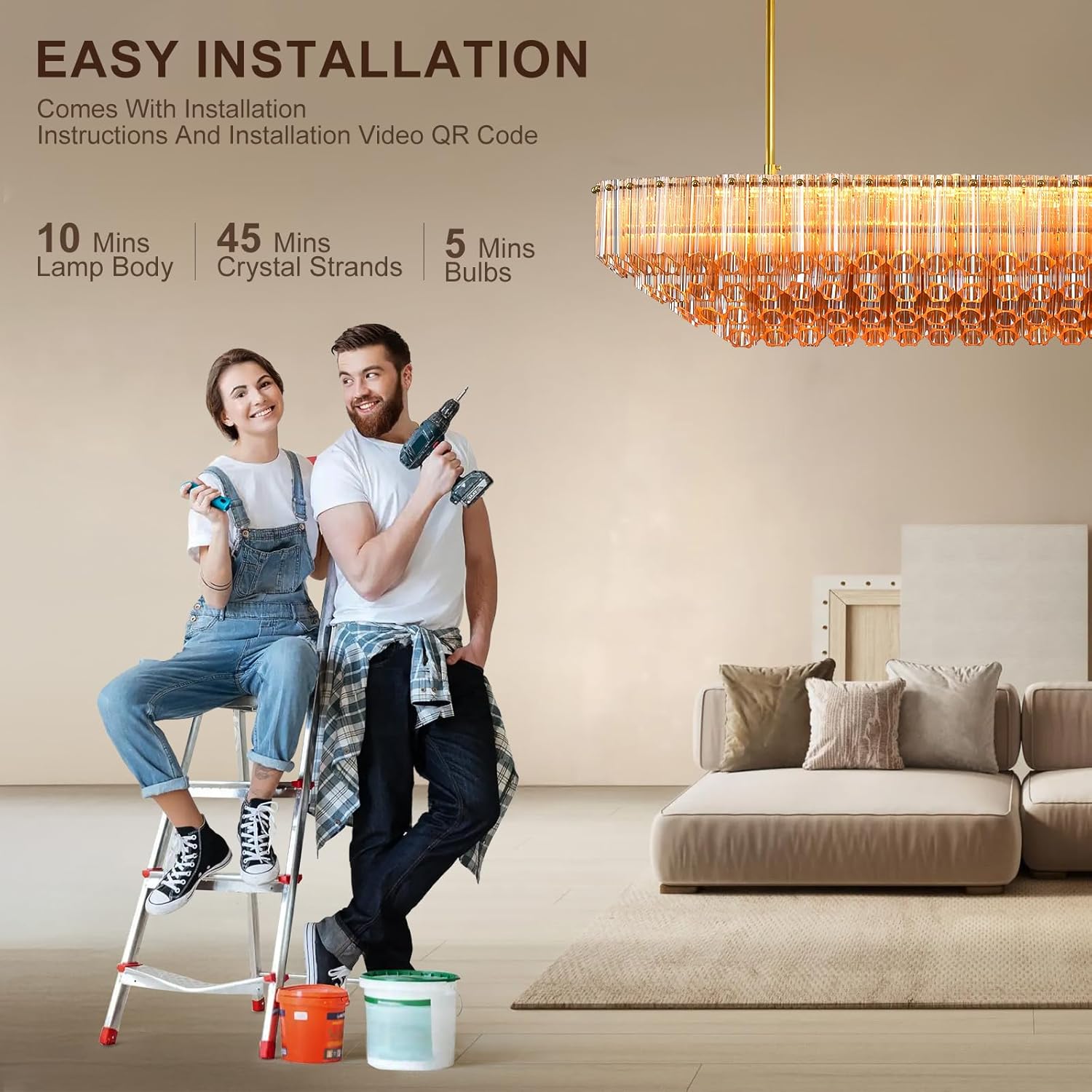 MDEGLYO Modern Amber and Clear Glass Chandelier