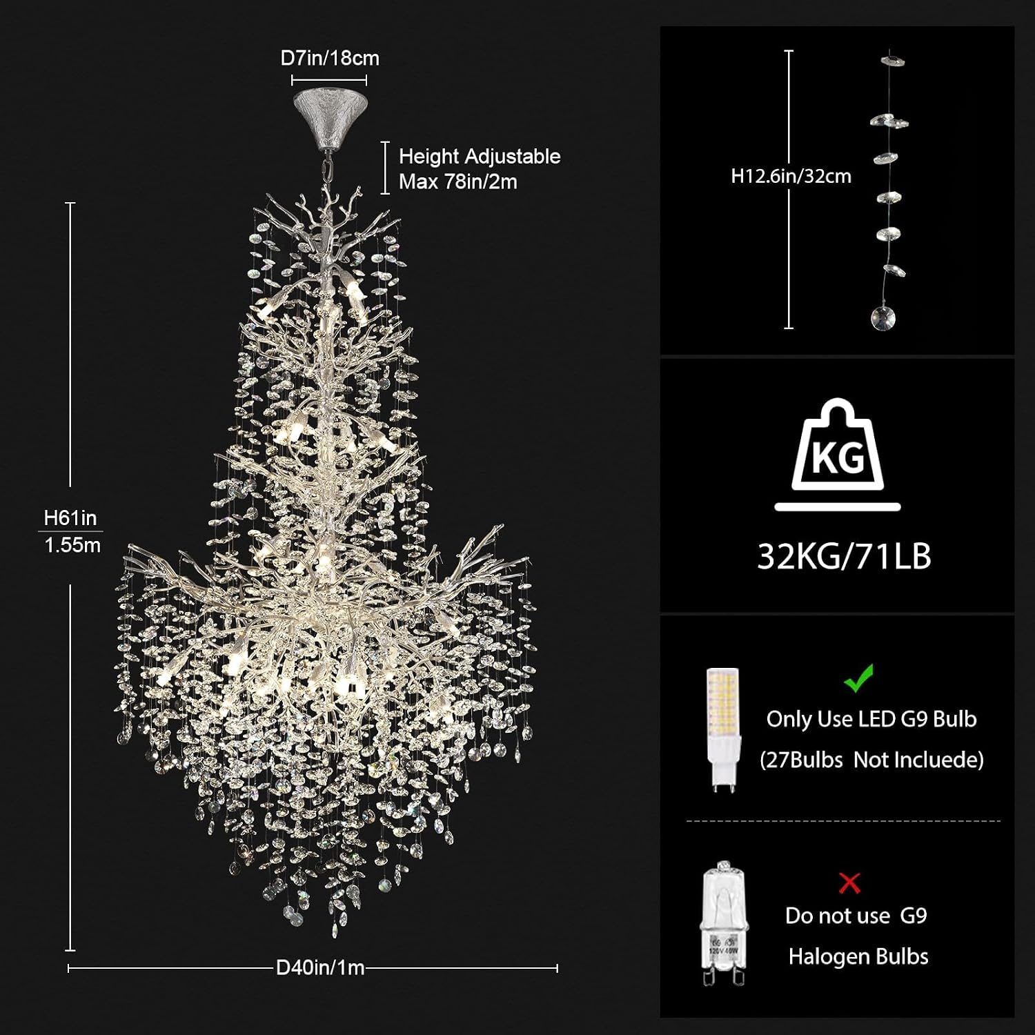 $5000+ Purchase Gift | H61" Silver Tree Branch Crystal High Ceilings Chandeliers