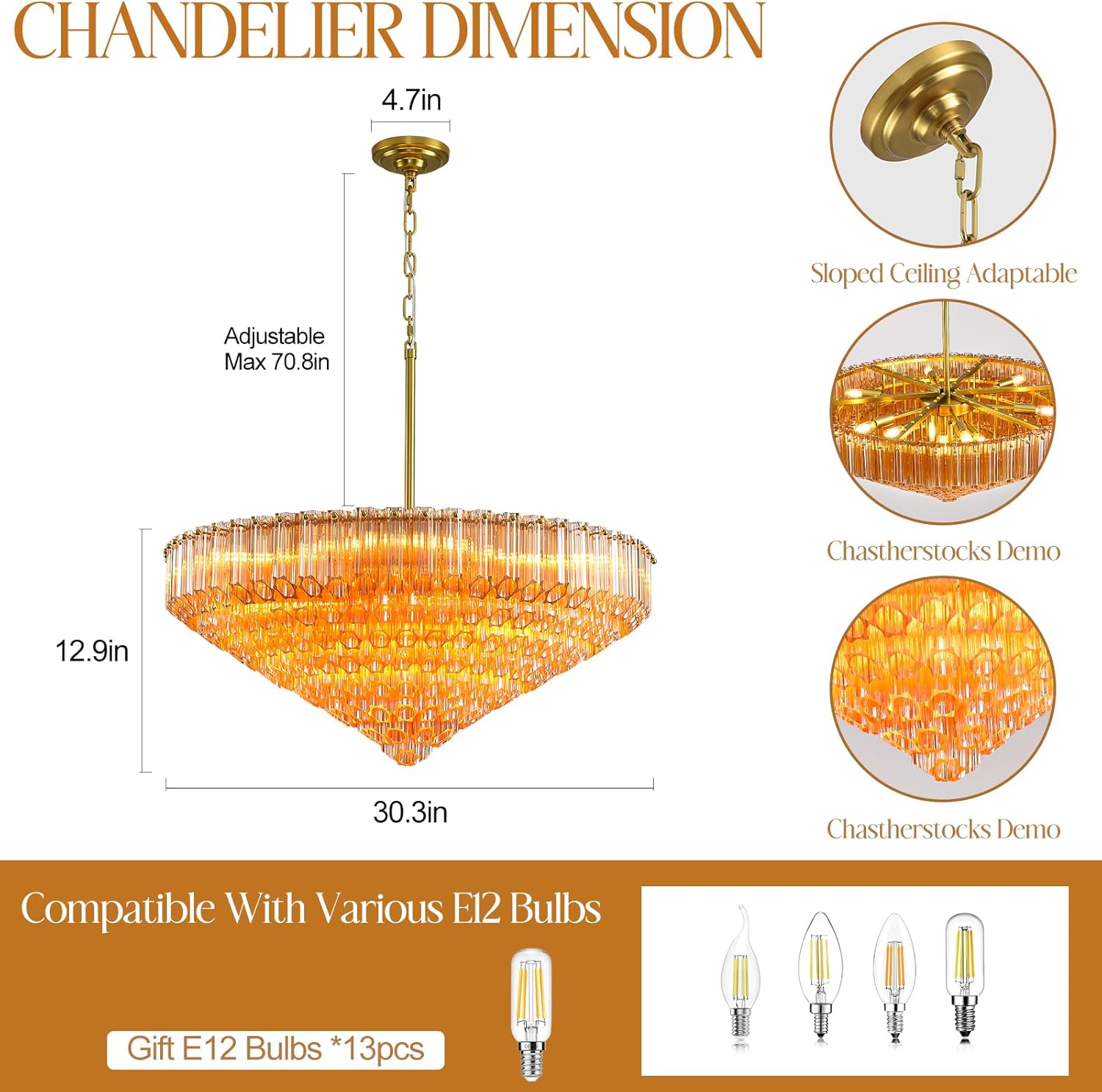 MDEGLYO Modern Amber and Clear Glass Chandelier