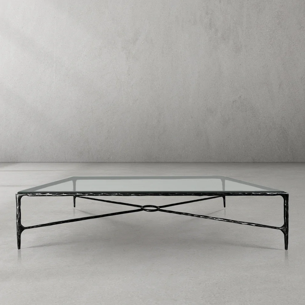 Hand-Forged Metal Rectangle Glass Coffee Table