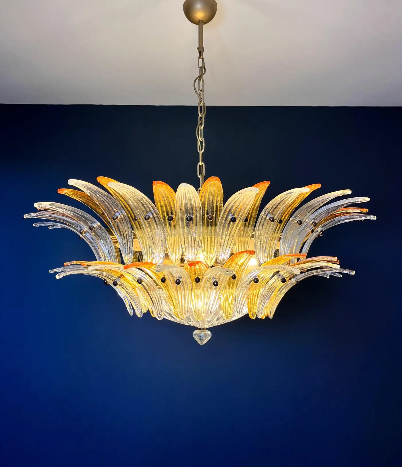 Murano Chandelier Original Palmette, two levels, 82 amber and clear glasses