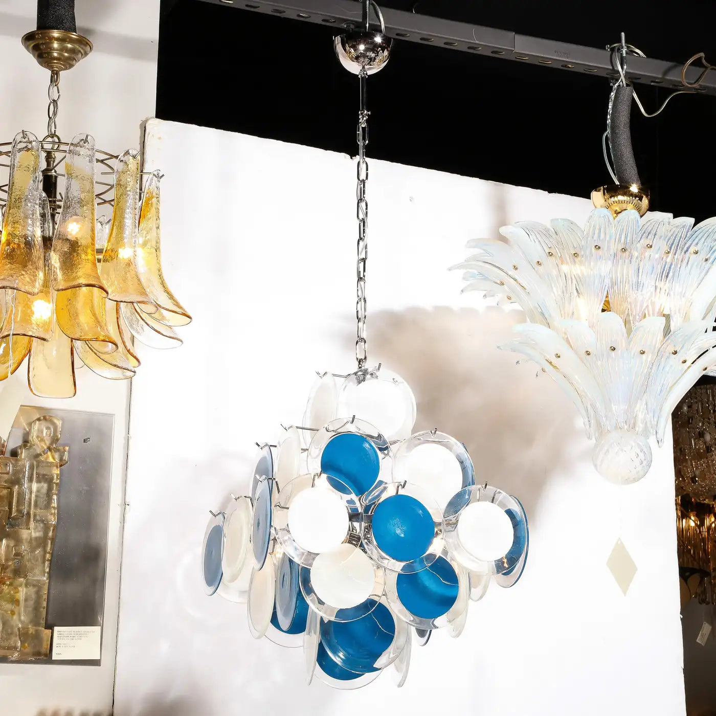 Modernist Pagoda Chandelier in Nickel & Handblown Murano White and Blue Discs