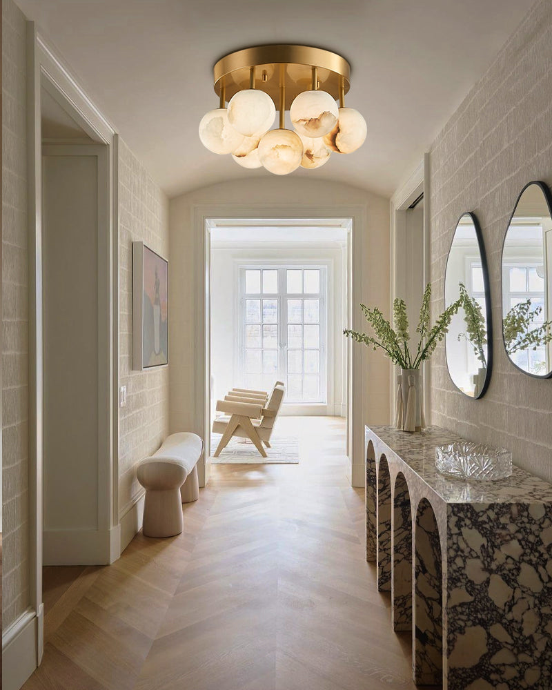 7/13/19-Light Soft Brass and Faux Alabaster Semi Flush Mount with Etched Opal Marble Shades
