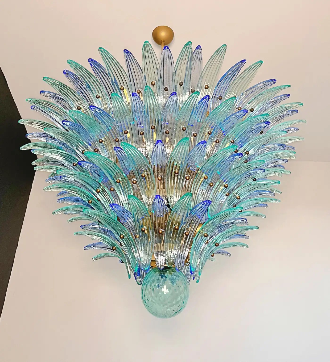 Palmette Ceiling Light - four levels, 160 blue and turquoise glasses