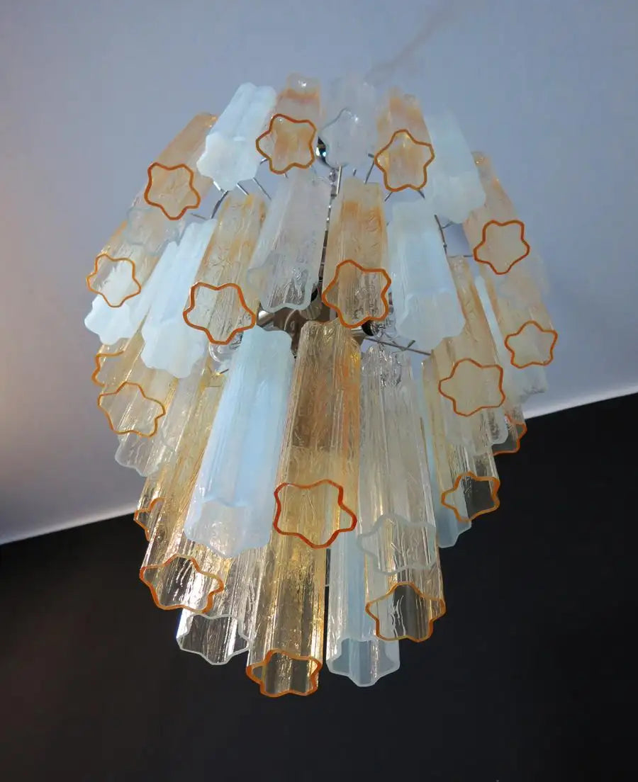 Large Three-Tier Venini Murano Glass Tube Chandelier, Amber Opal Silk and Trasp