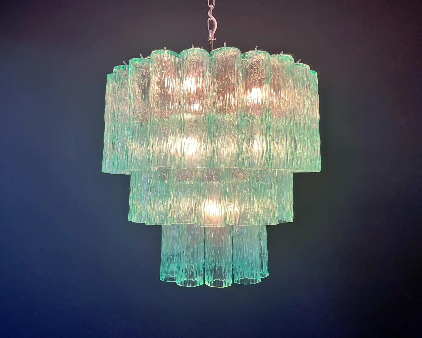 Large three-Tier Venini Murano turquoise Glass Tube Chandelier