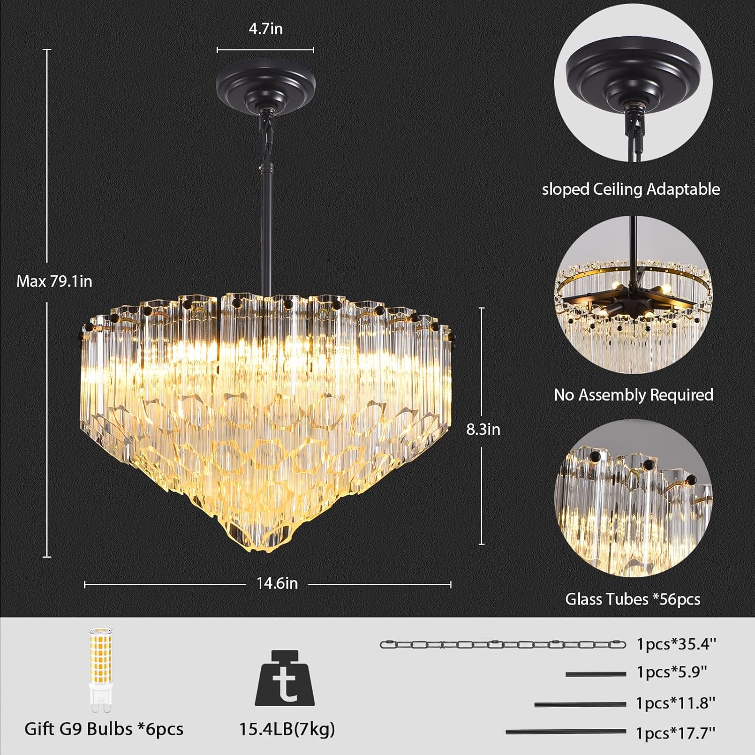 MDEGLYO Modern Amber and Clear Glass Chandelier