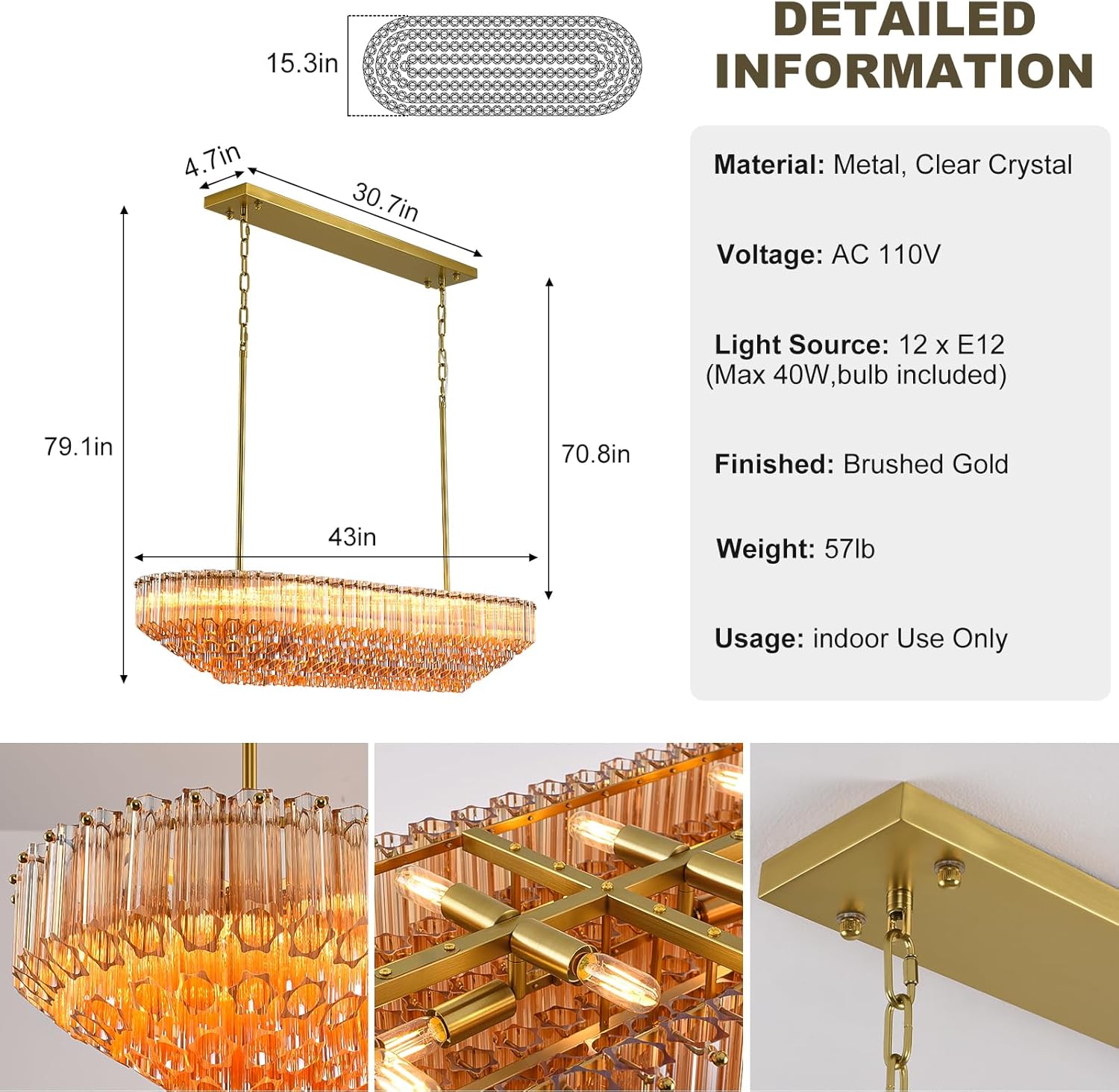 MDEGLYO Modern Amber and Clear Glass Chandelier