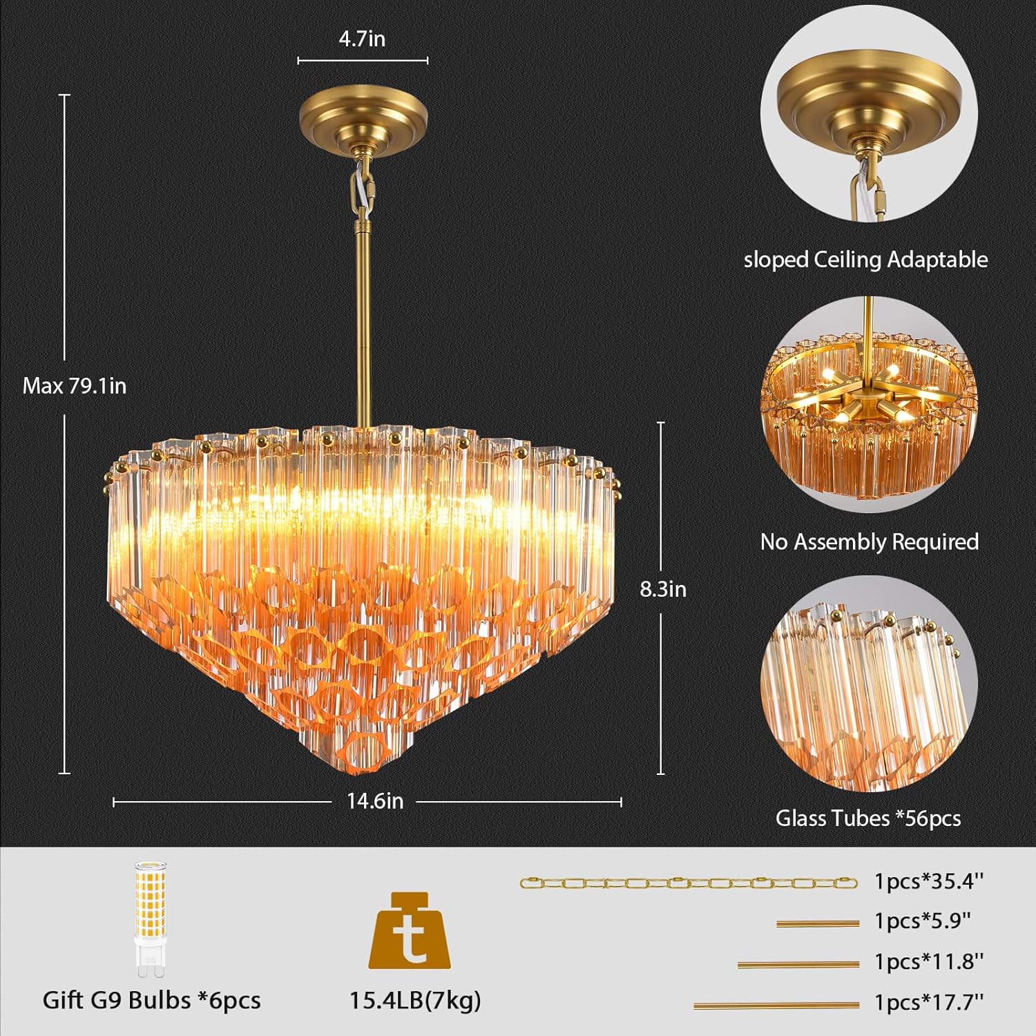 MDEGLYO Modern Amber and Clear Glass Chandelier