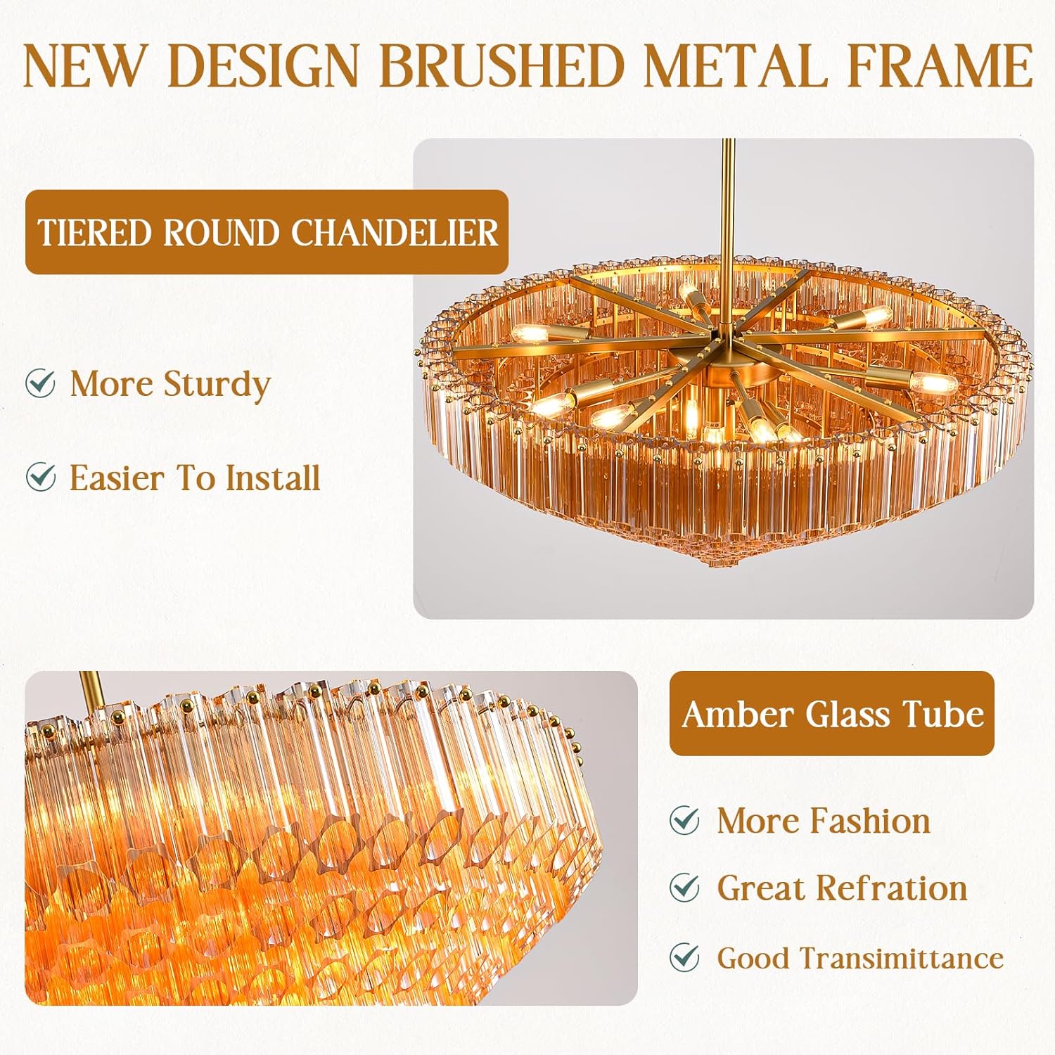 MDEGLYO Modern Amber and Clear Glass Chandelier