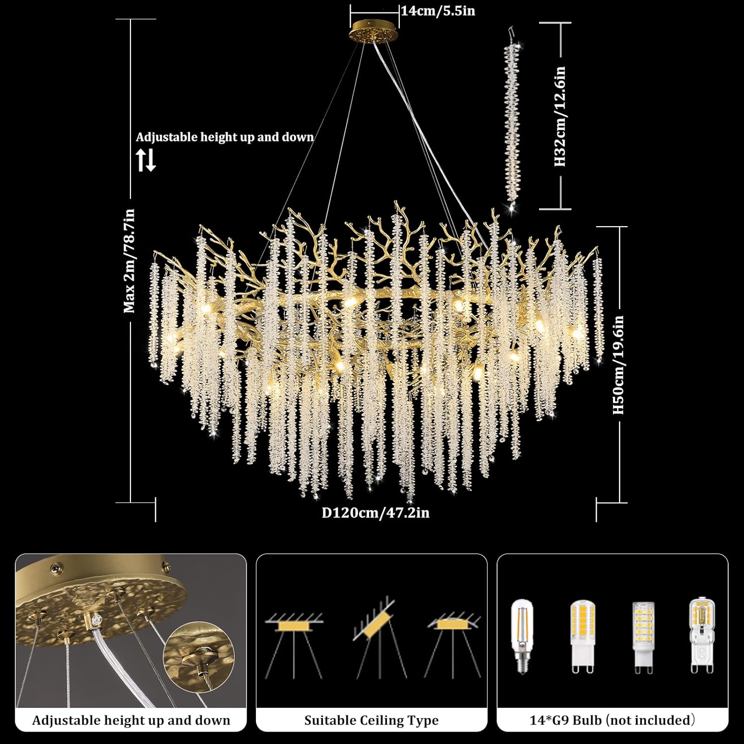 Round Gold Tree Branches Chandelier 47" - Fast Delivery-1-Luxehomezone