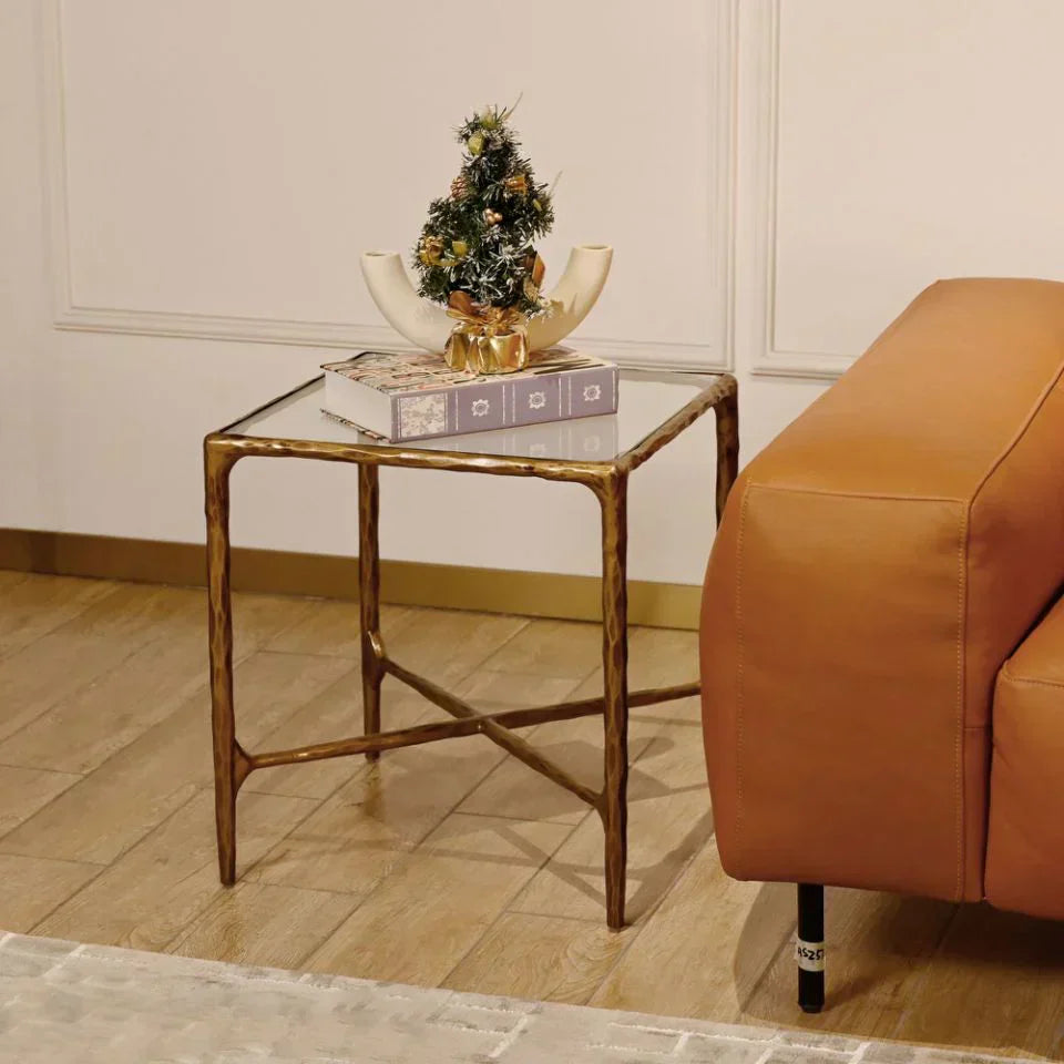 Hand-Forged Metal Glass Square Side Table 18" 22"