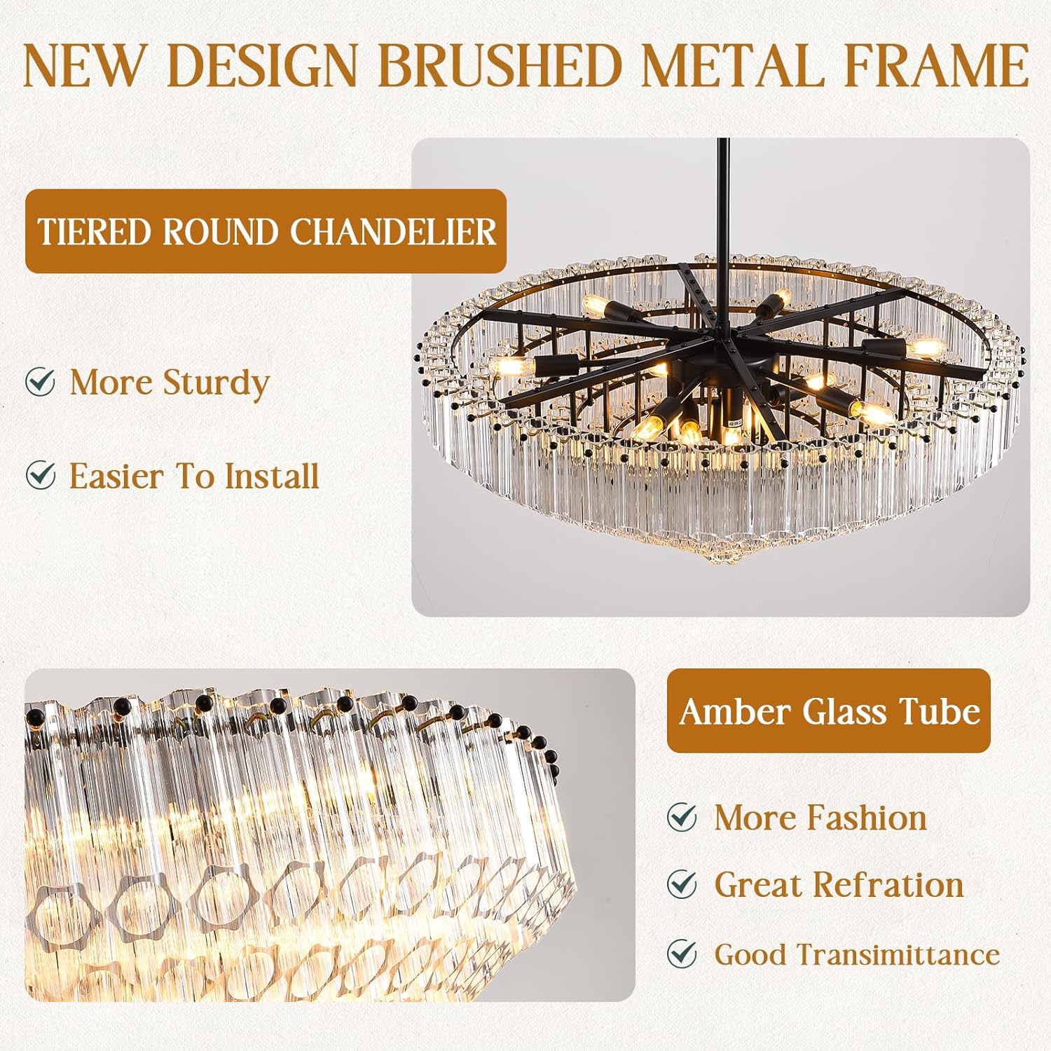 MDEGLYO Modern Amber and Clear Glass Chandelier