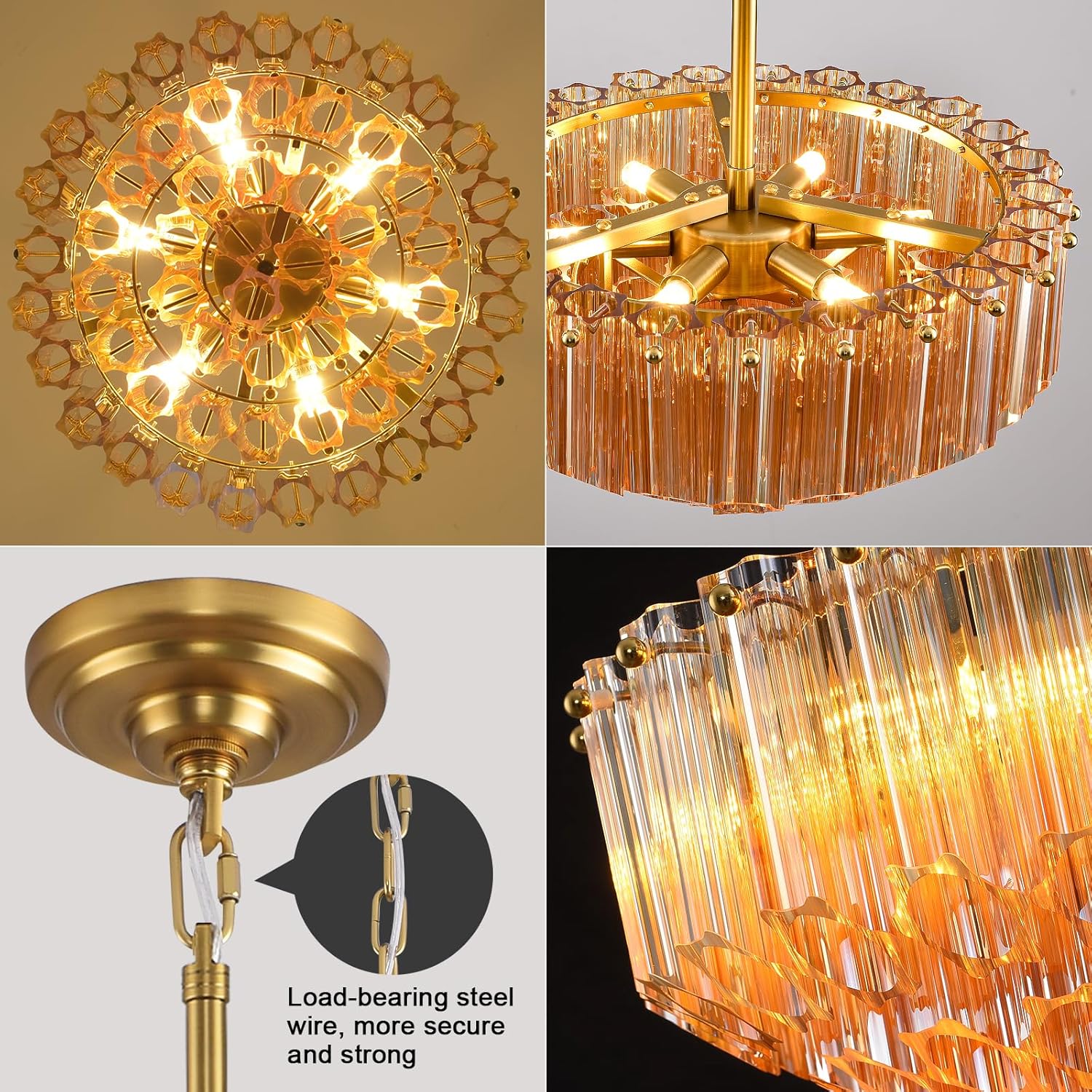 MDEGLYO Modern Amber and Clear Glass Chandelier