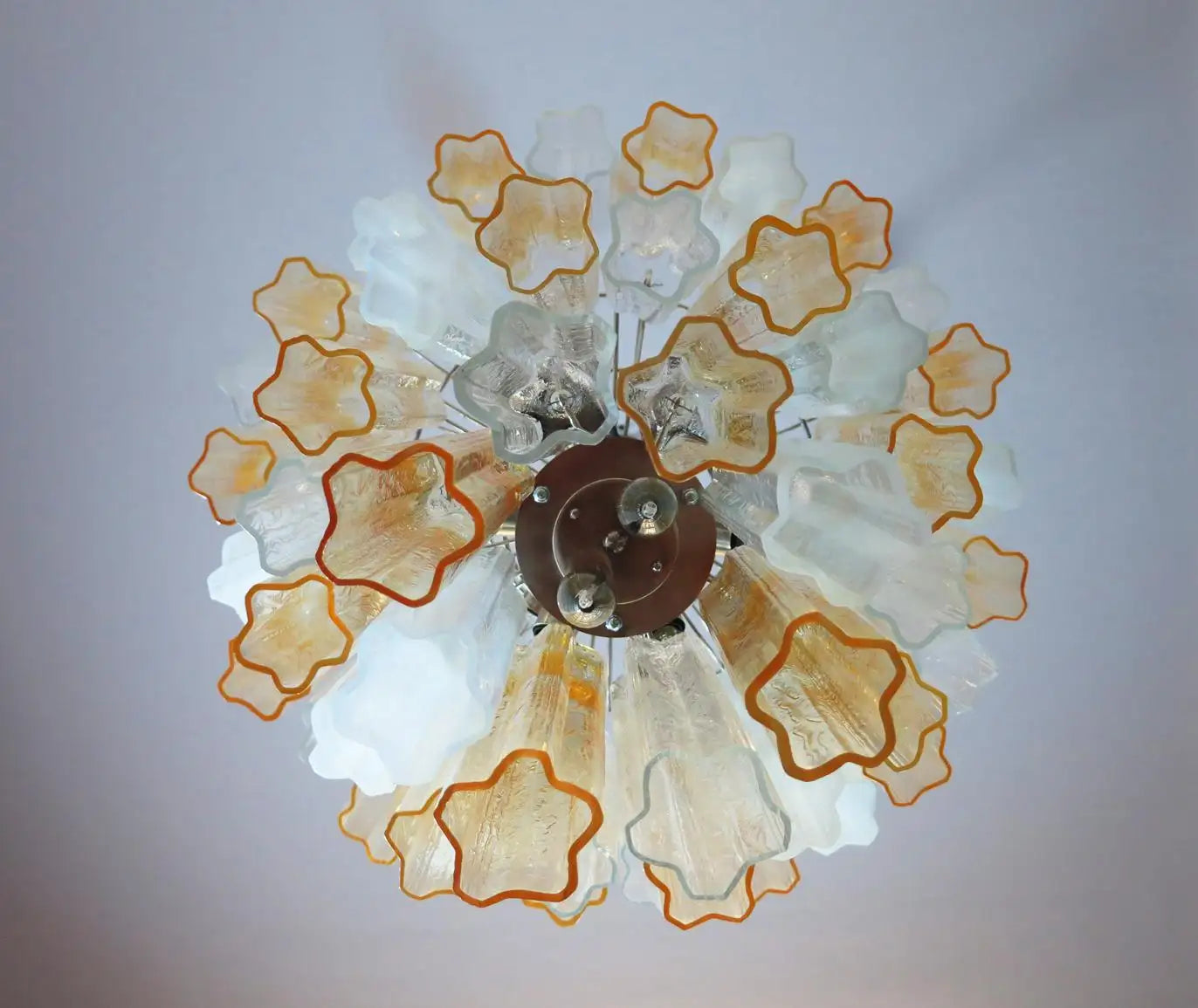 Large Three-Tier Venini Murano Glass Tube Chandelier, Amber Opal Silk and Trasp