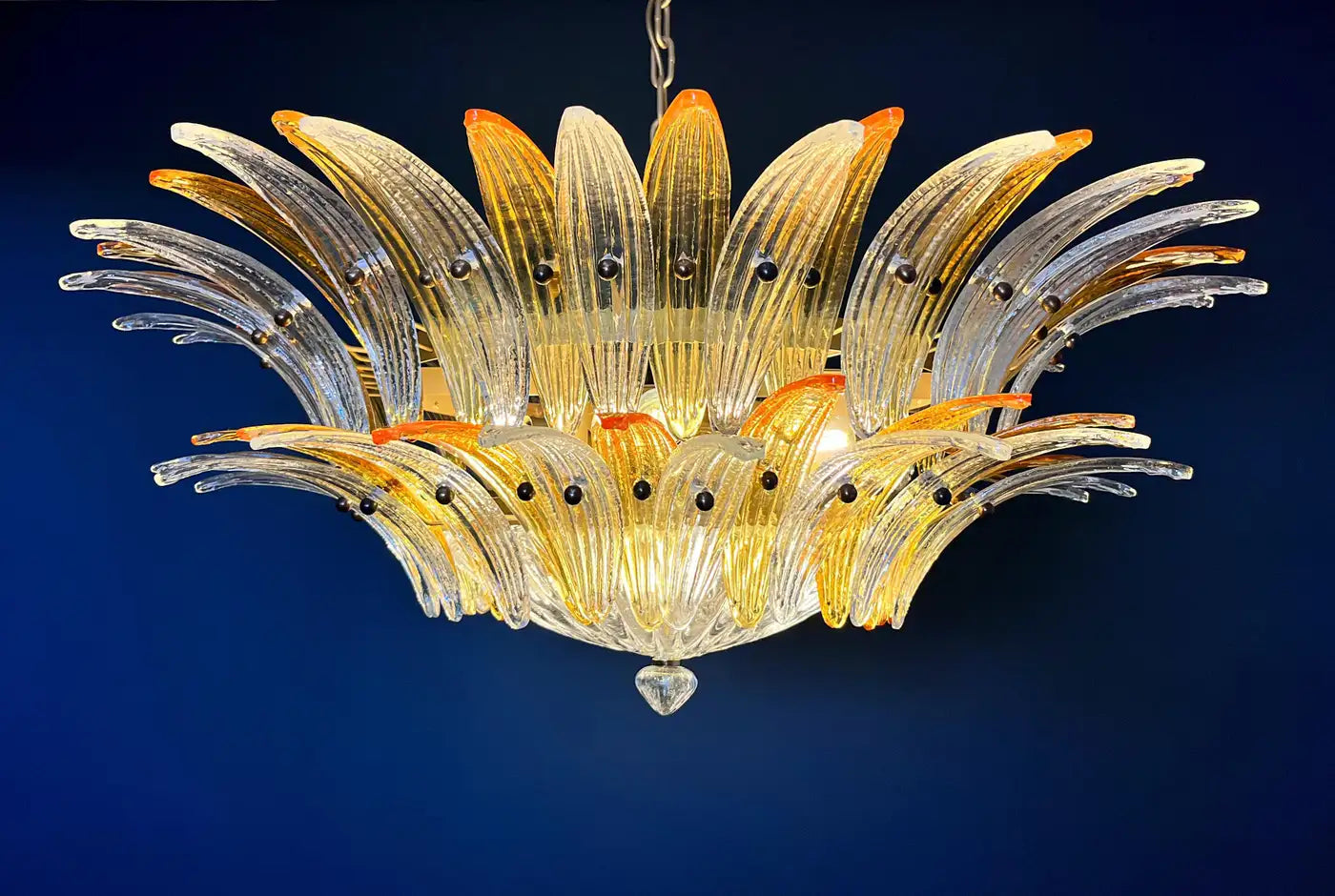 Murano Chandelier Original Palmette, two levels, 82 amber and clear glasses