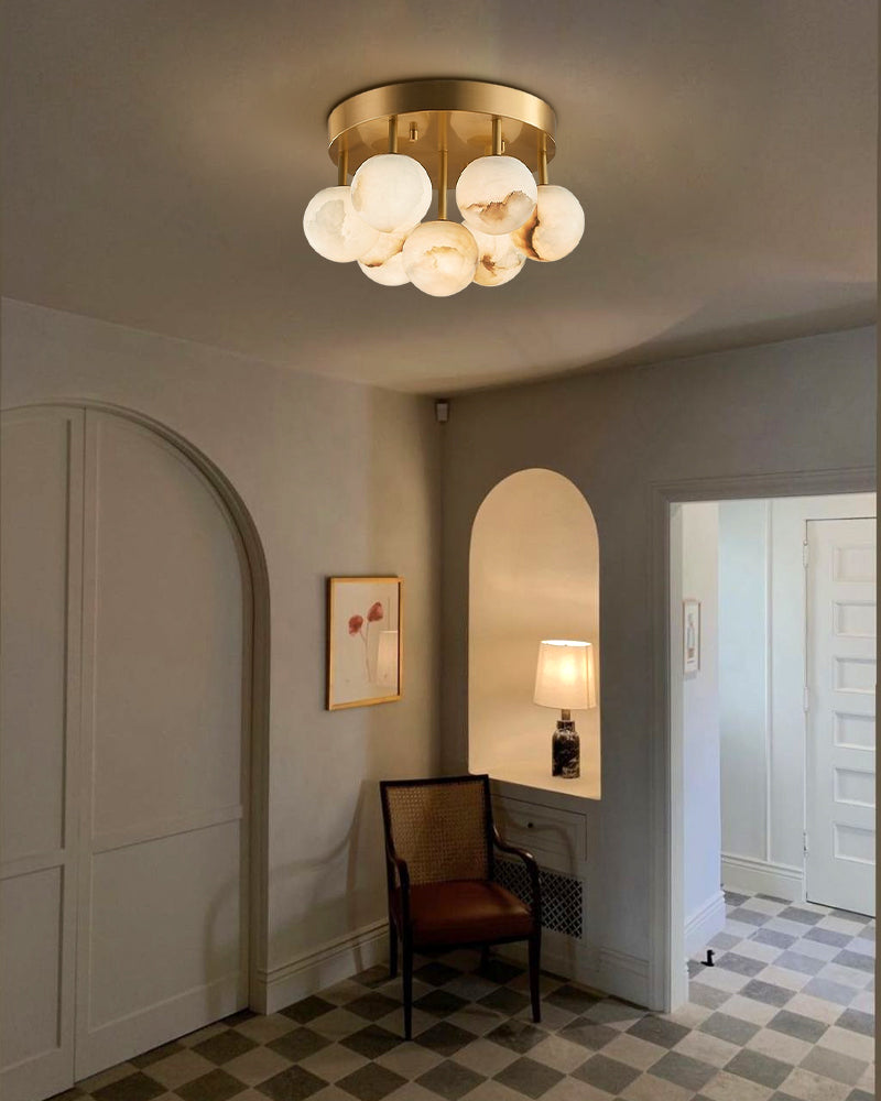 7/13/19-Light Soft Brass and Faux Alabaster Semi Flush Mount with Etched Opal Marble Shades