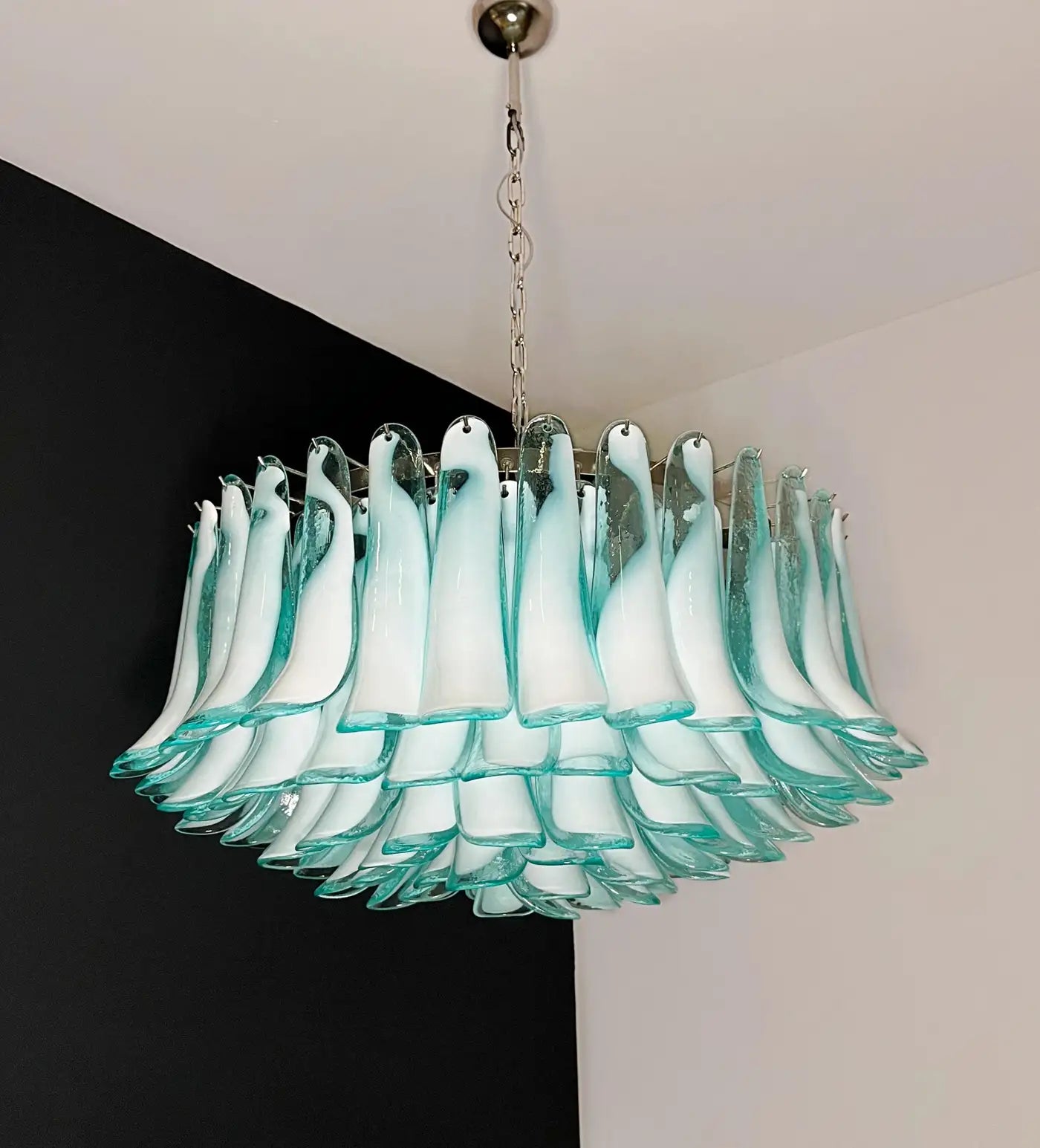 Large Murano glass Chandelier -101 turquoise lattimo glass petal
