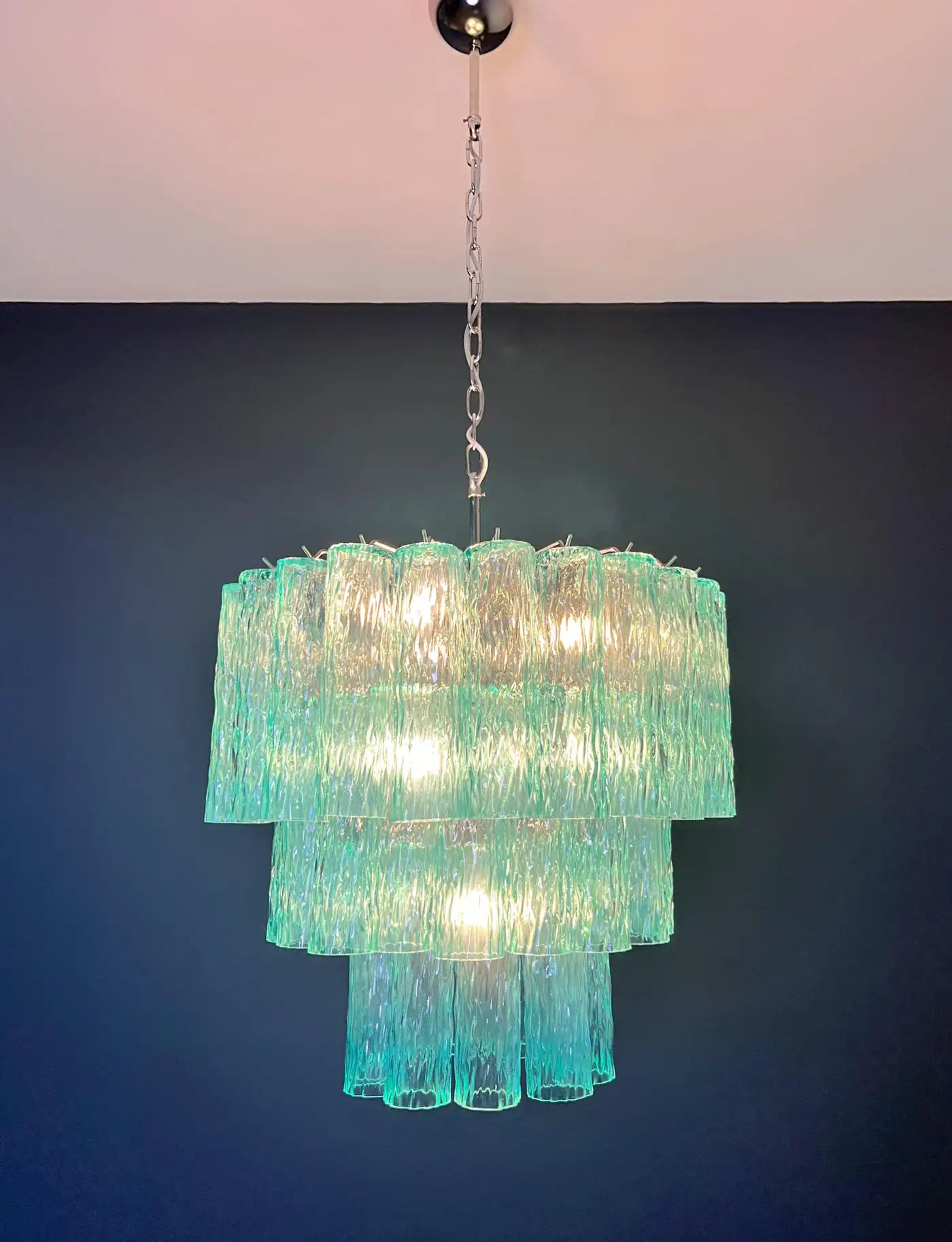 Large three-Tier Venini Murano turquoise Glass Tube Chandelier