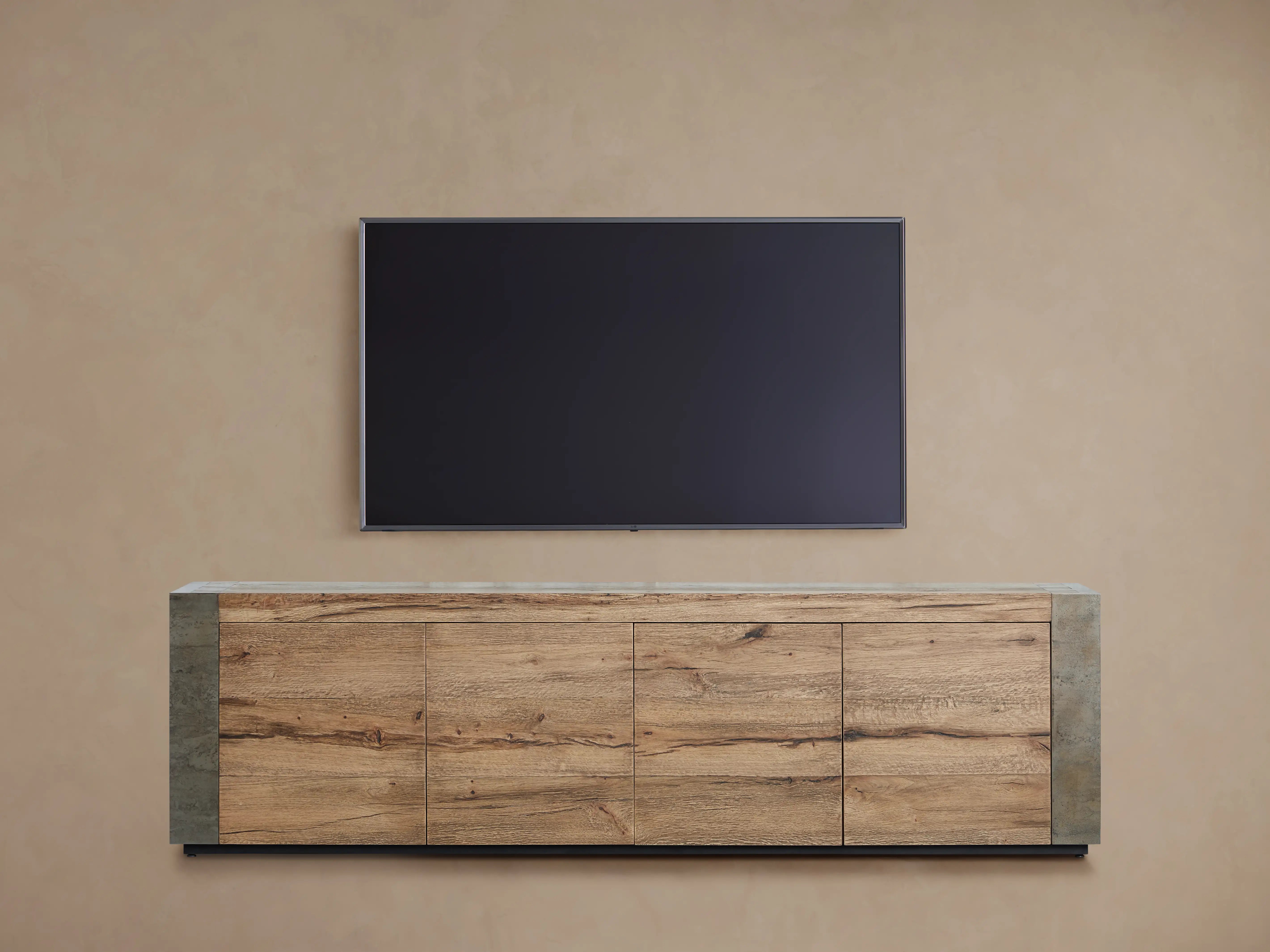 Tellurian Media Console Oak with Oxidized Steel Rustic Living Furniture
