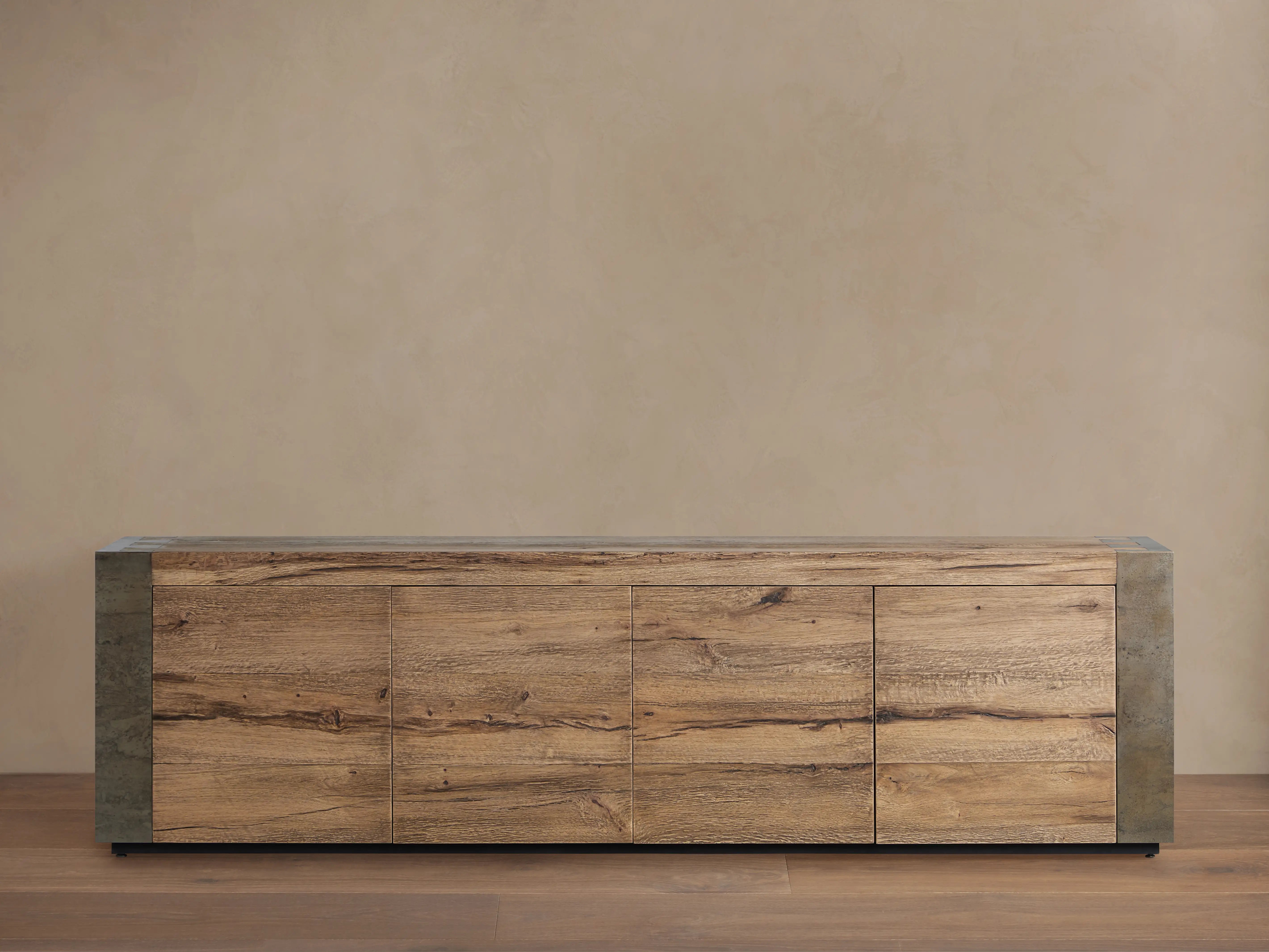 Tellurian Media Console Oak with Oxidized Steel Rustic Living Furniture