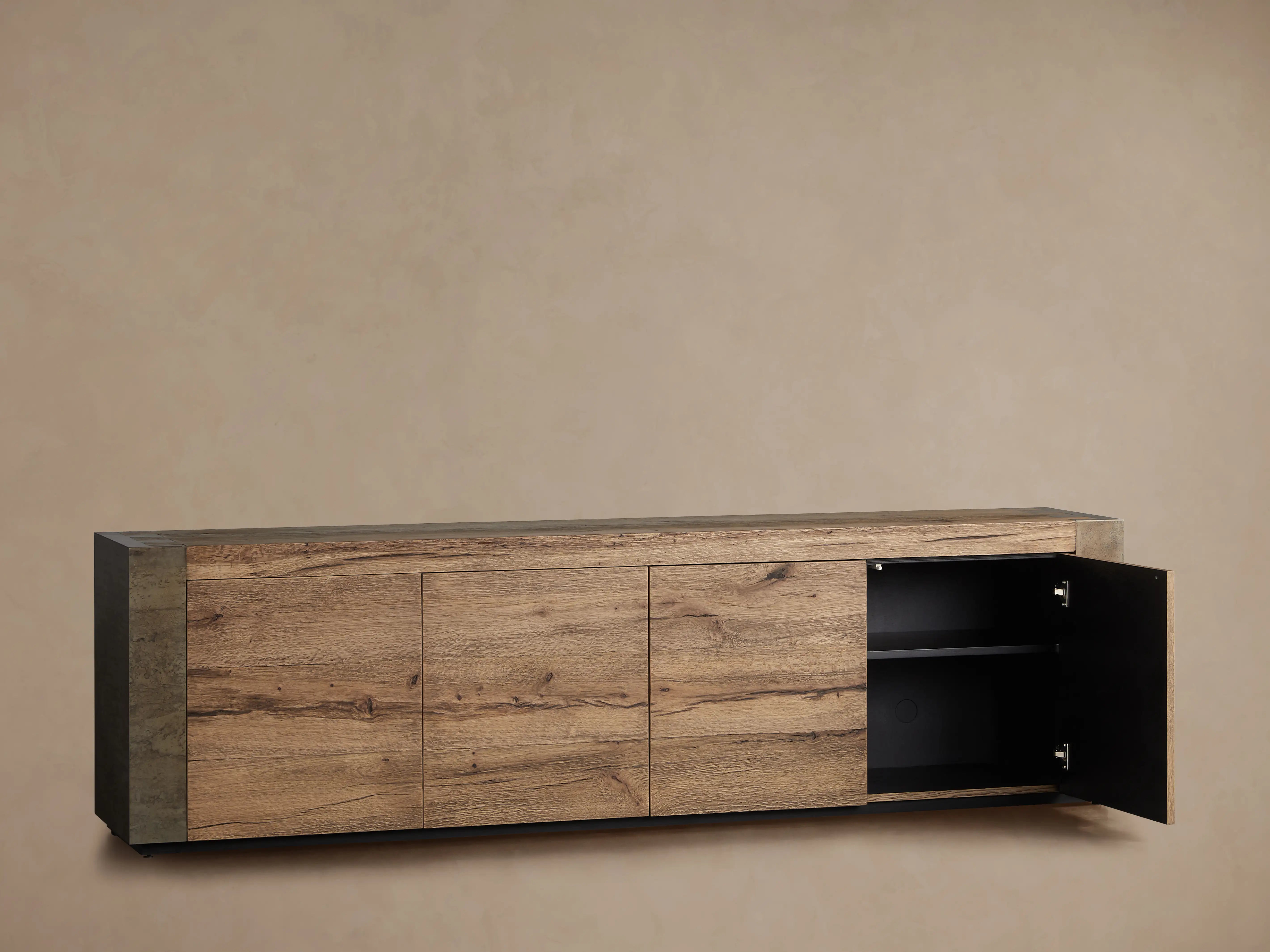 Tellurian Media Console Oak with Oxidized Steel Rustic Living Furniture