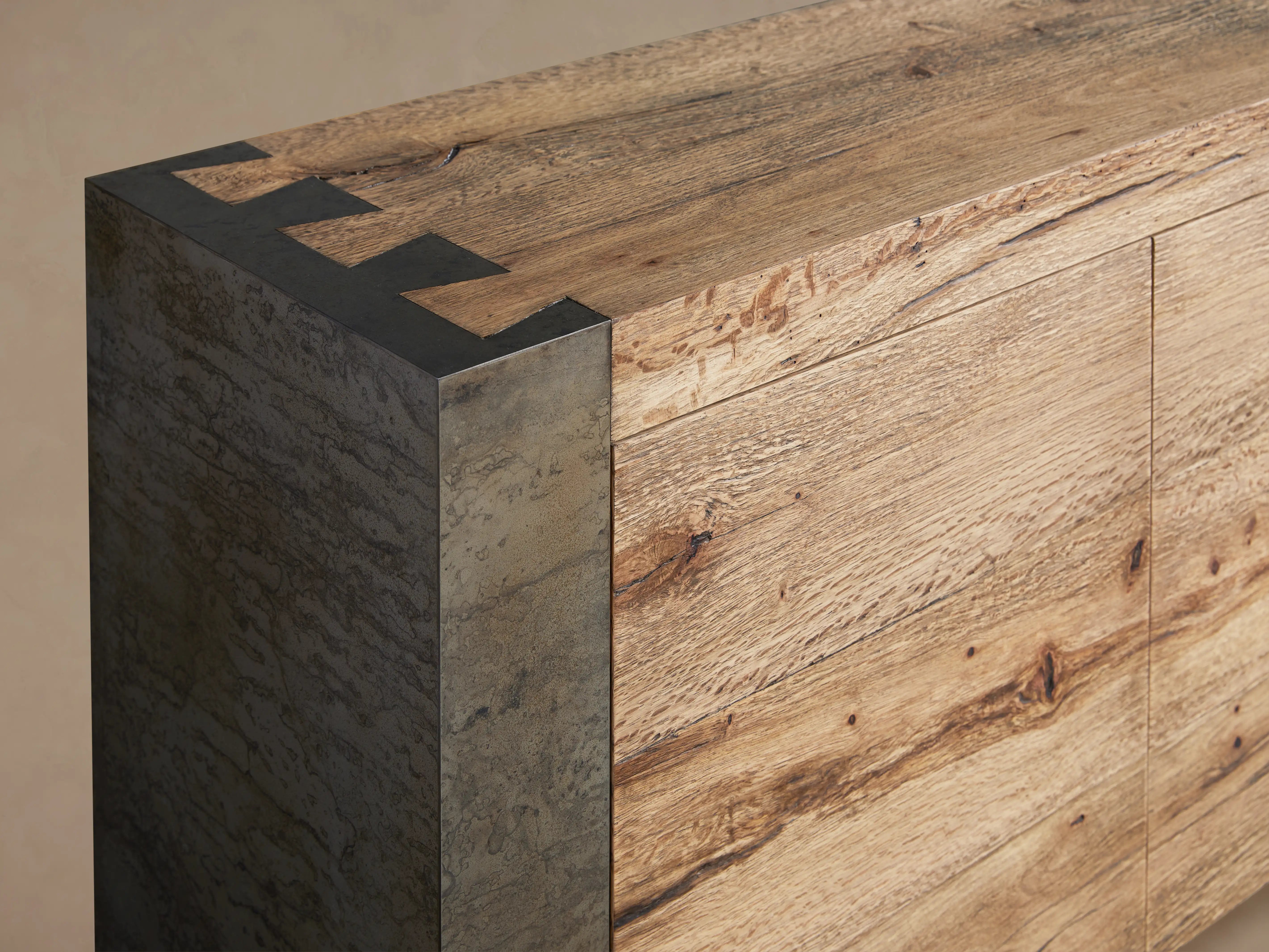 Tellurian Media Console Oak with Oxidized Steel Rustic Living Furniture